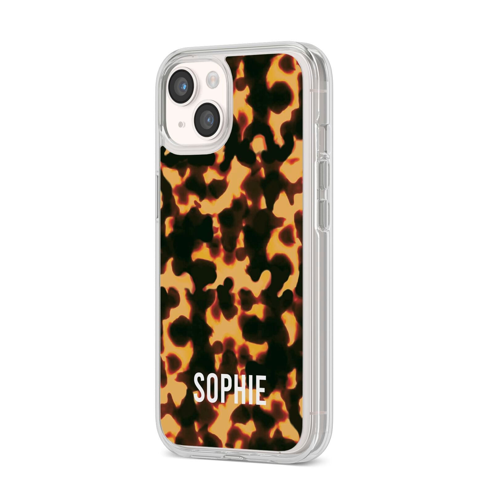 Personalised Tortoise Shell Pattern iPhone 14 Clear Tough Case Starlight Angled Image