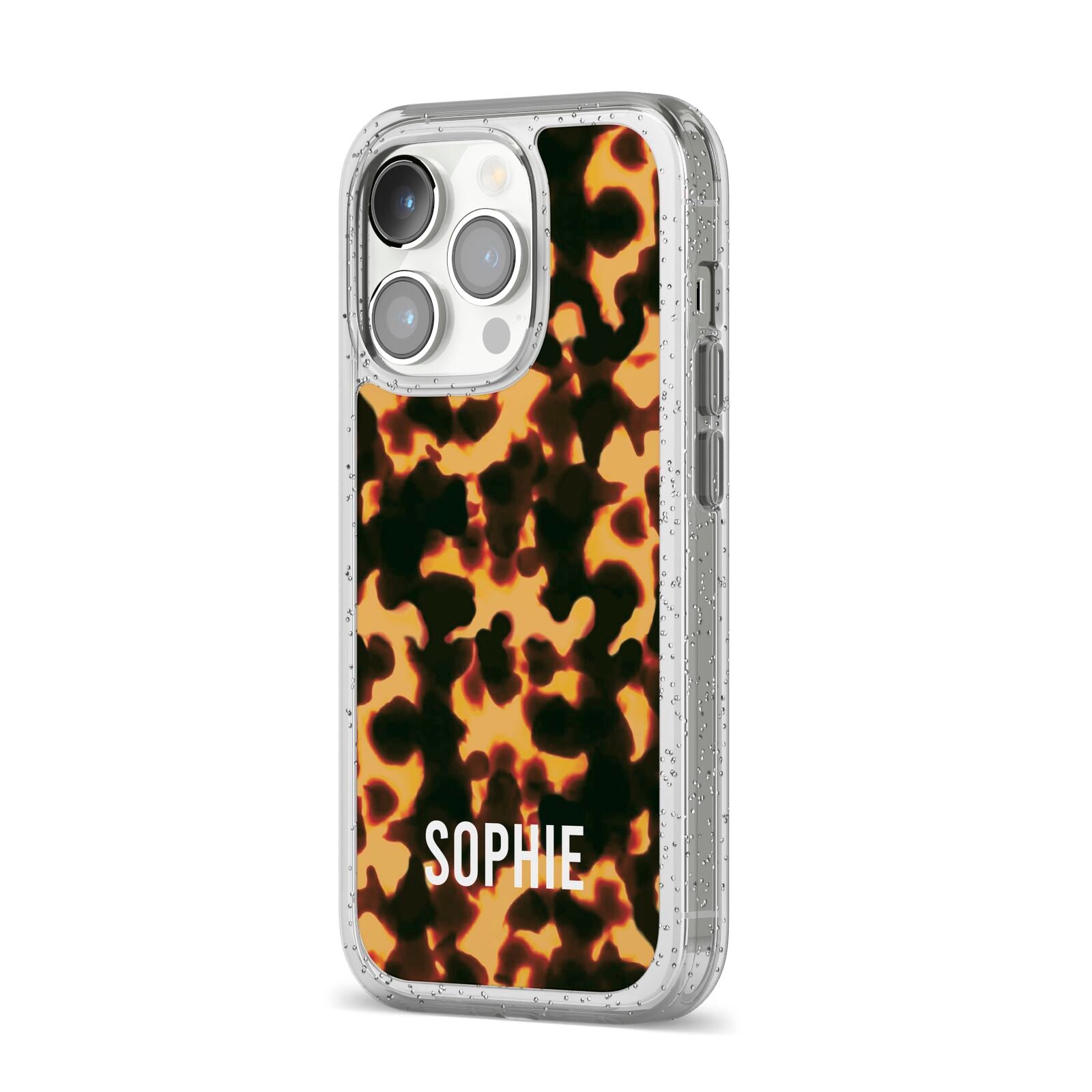 Personalised Tortoise Shell Pattern iPhone 14 Pro Glitter Tough Case Silver Angled Image