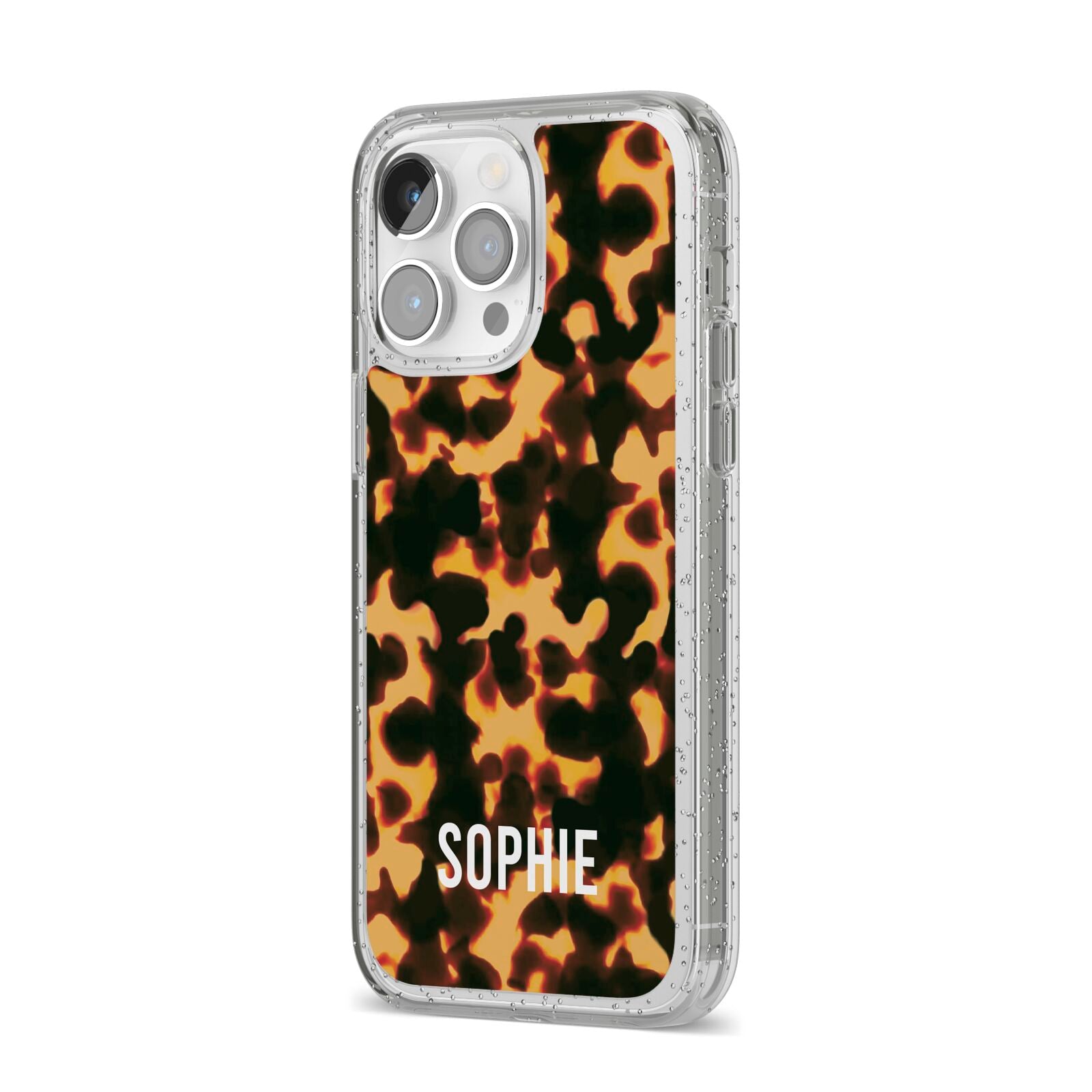 Personalised Tortoise Shell Pattern iPhone 14 Pro Max Glitter Tough Case Silver Angled Image