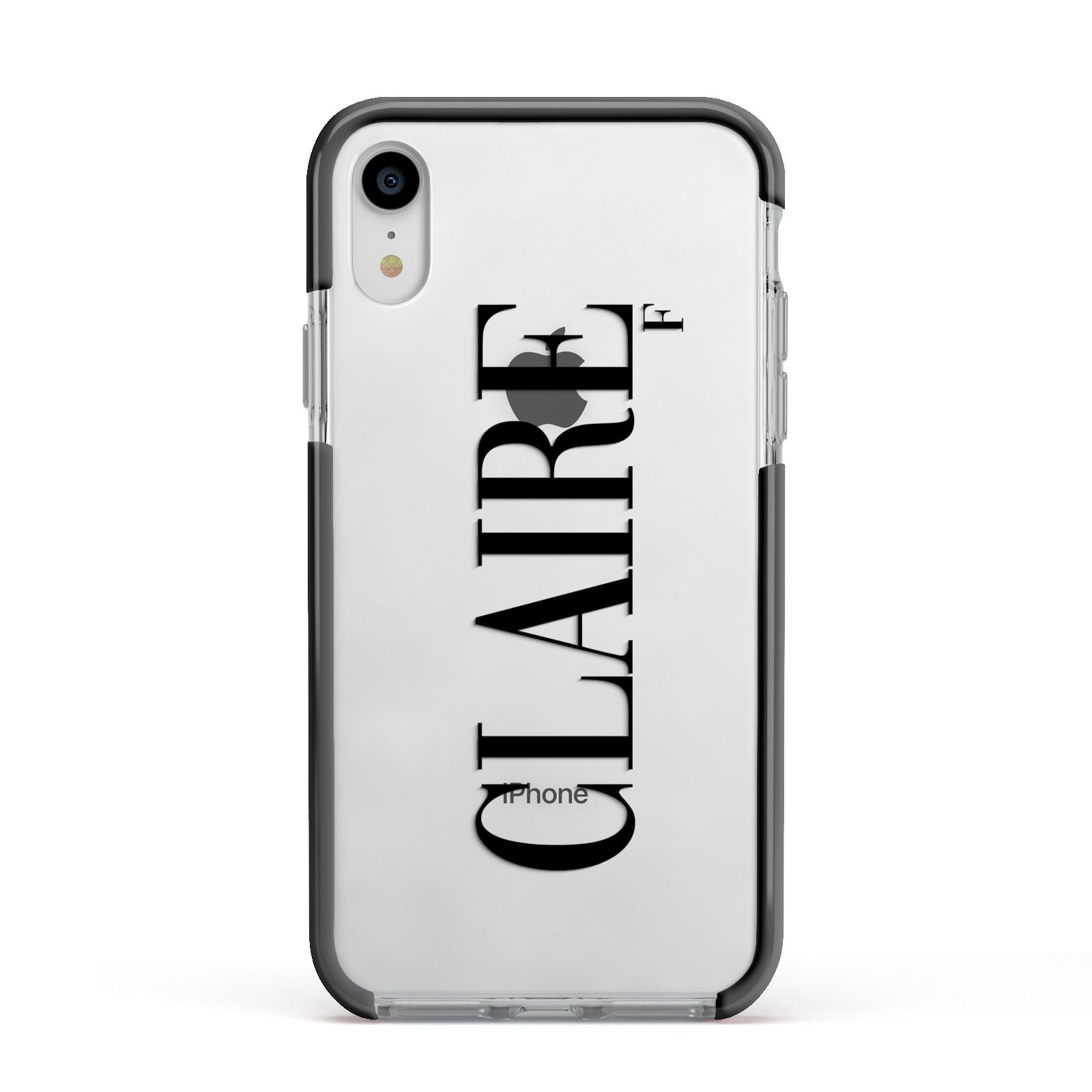 Personalised Transparent Name Apple iPhone XR Impact Case Black Edge on Silver Phone