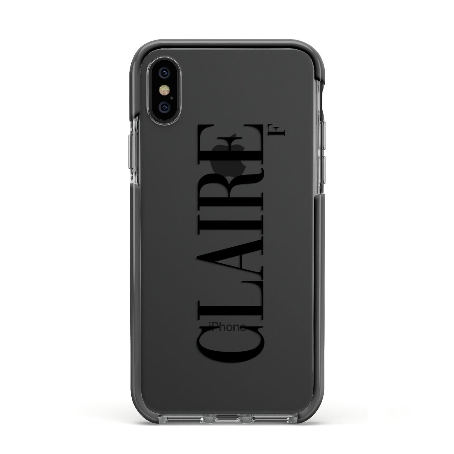 Personalised Transparent Name Apple iPhone Xs Impact Case Black Edge on Black Phone