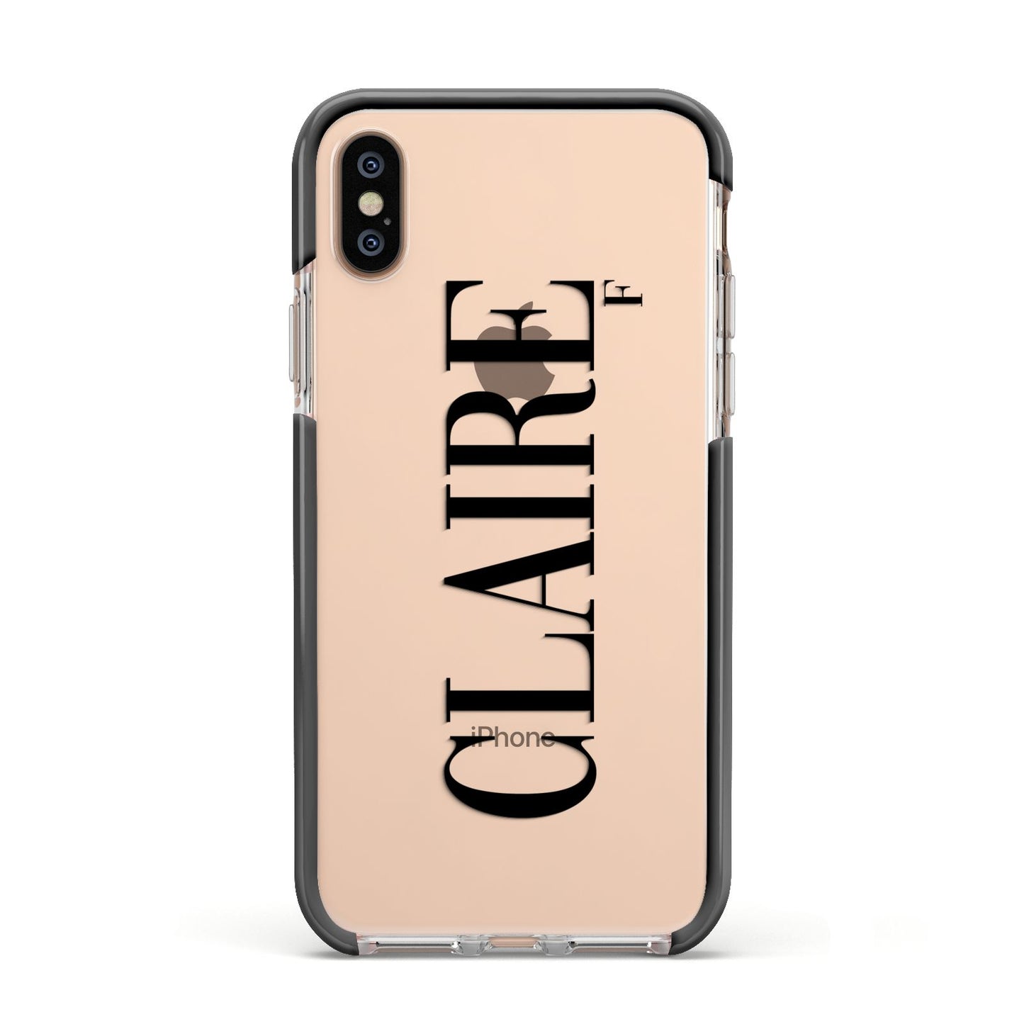 Personalised Transparent Name Apple iPhone Xs Impact Case Black Edge on Gold Phone