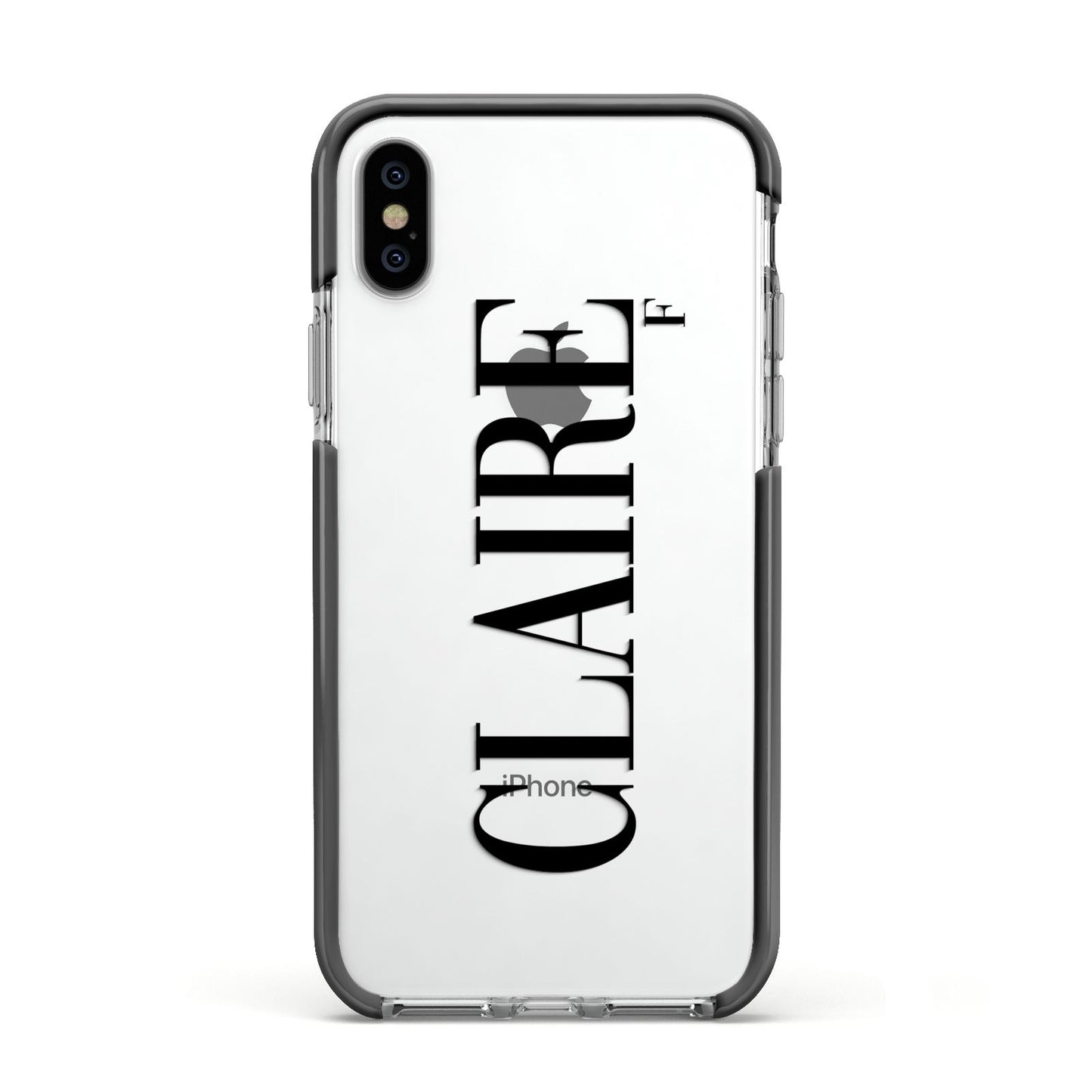 Personalised Transparent Name Apple iPhone Xs Impact Case Black Edge on Silver Phone