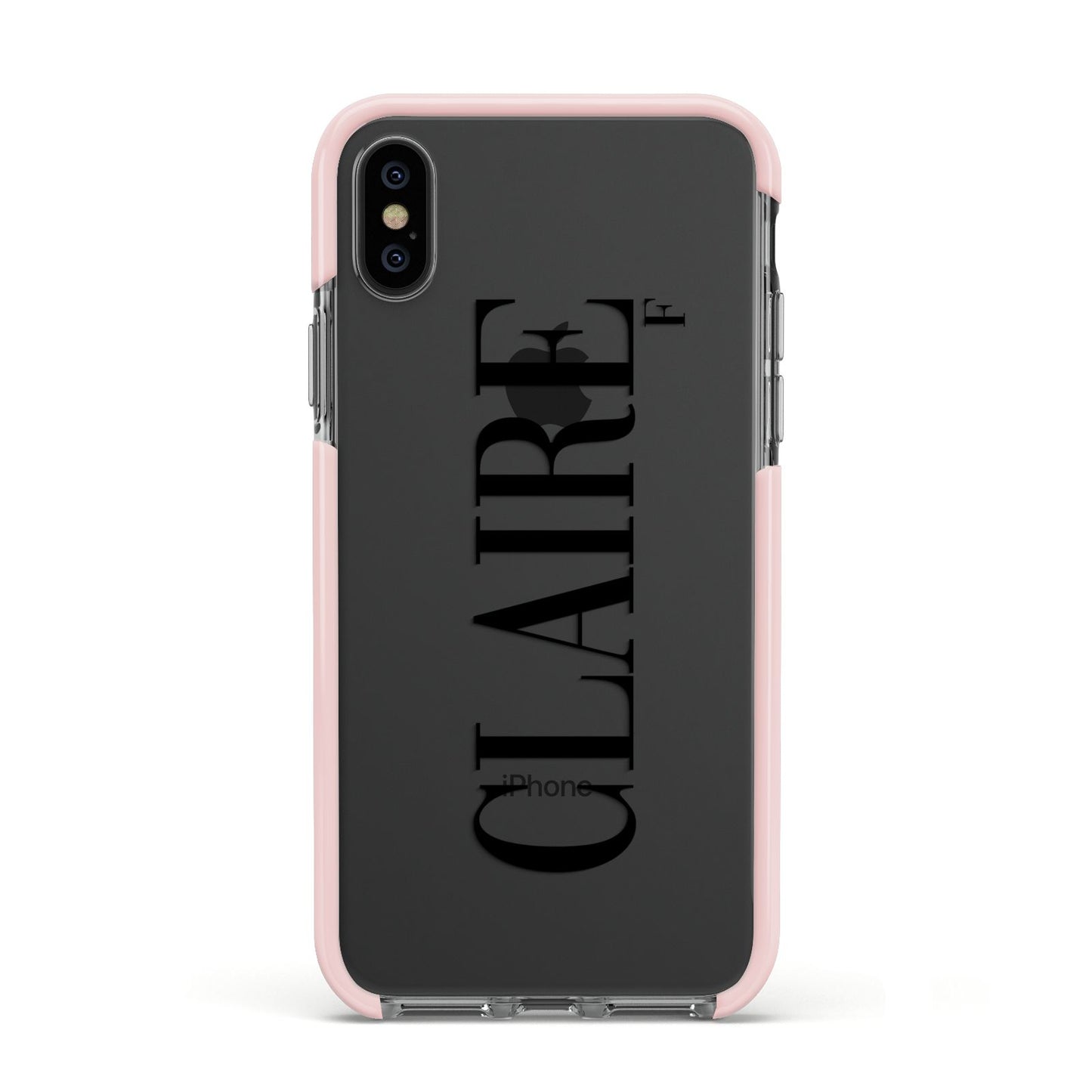 Personalised Transparent Name Apple iPhone Xs Impact Case Pink Edge on Black Phone