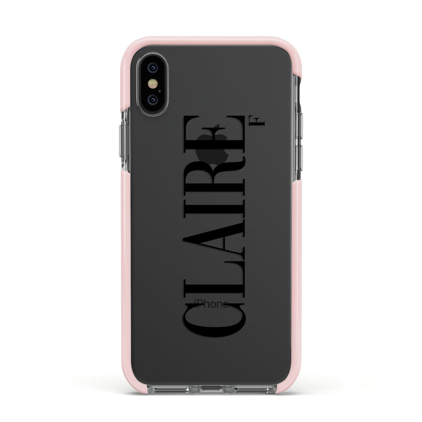 Personalised Transparent Name Apple iPhone Xs Impact Case Pink Edge on Black Phone
