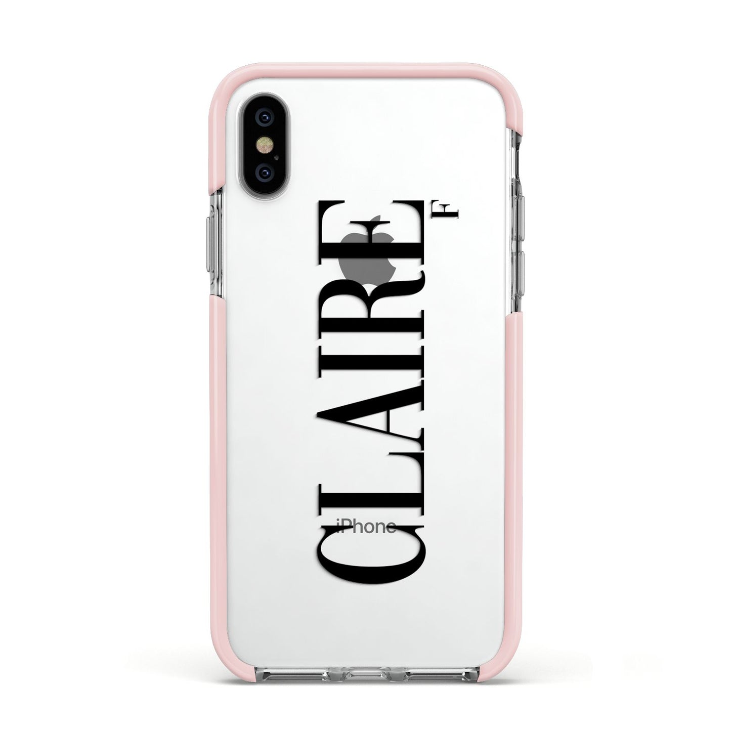 Personalised Transparent Name Apple iPhone Xs Impact Case Pink Edge on Silver Phone