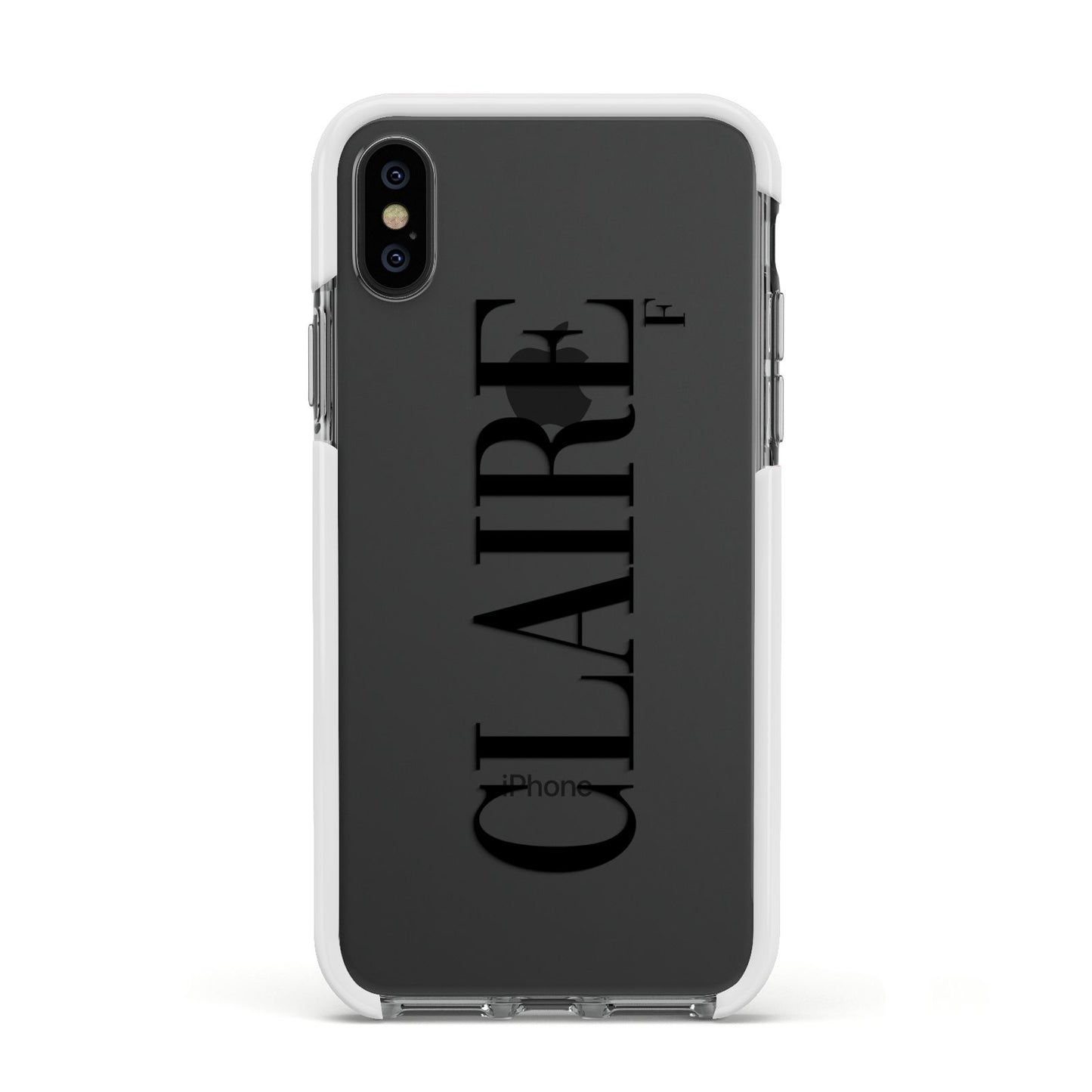 Personalised Transparent Name Apple iPhone Xs Impact Case White Edge on Black Phone