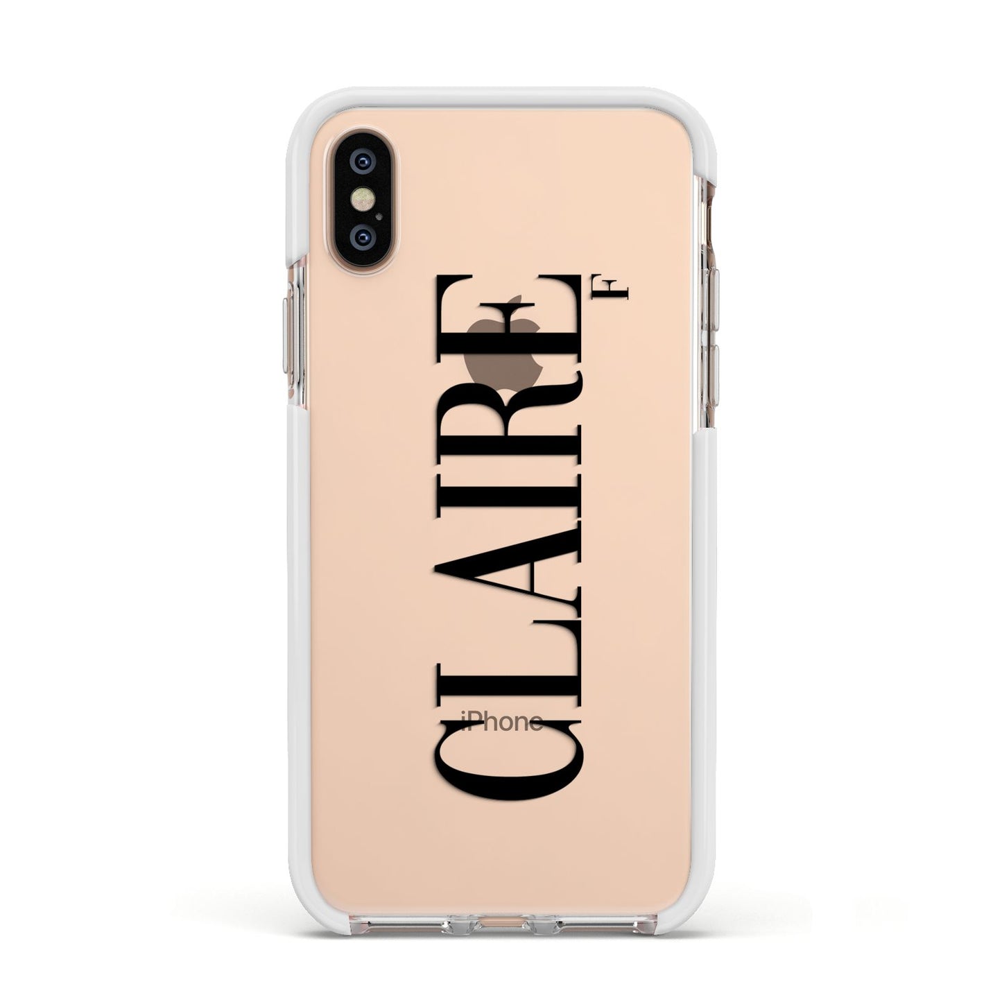 Personalised Transparent Name Apple iPhone Xs Impact Case White Edge on Gold Phone
