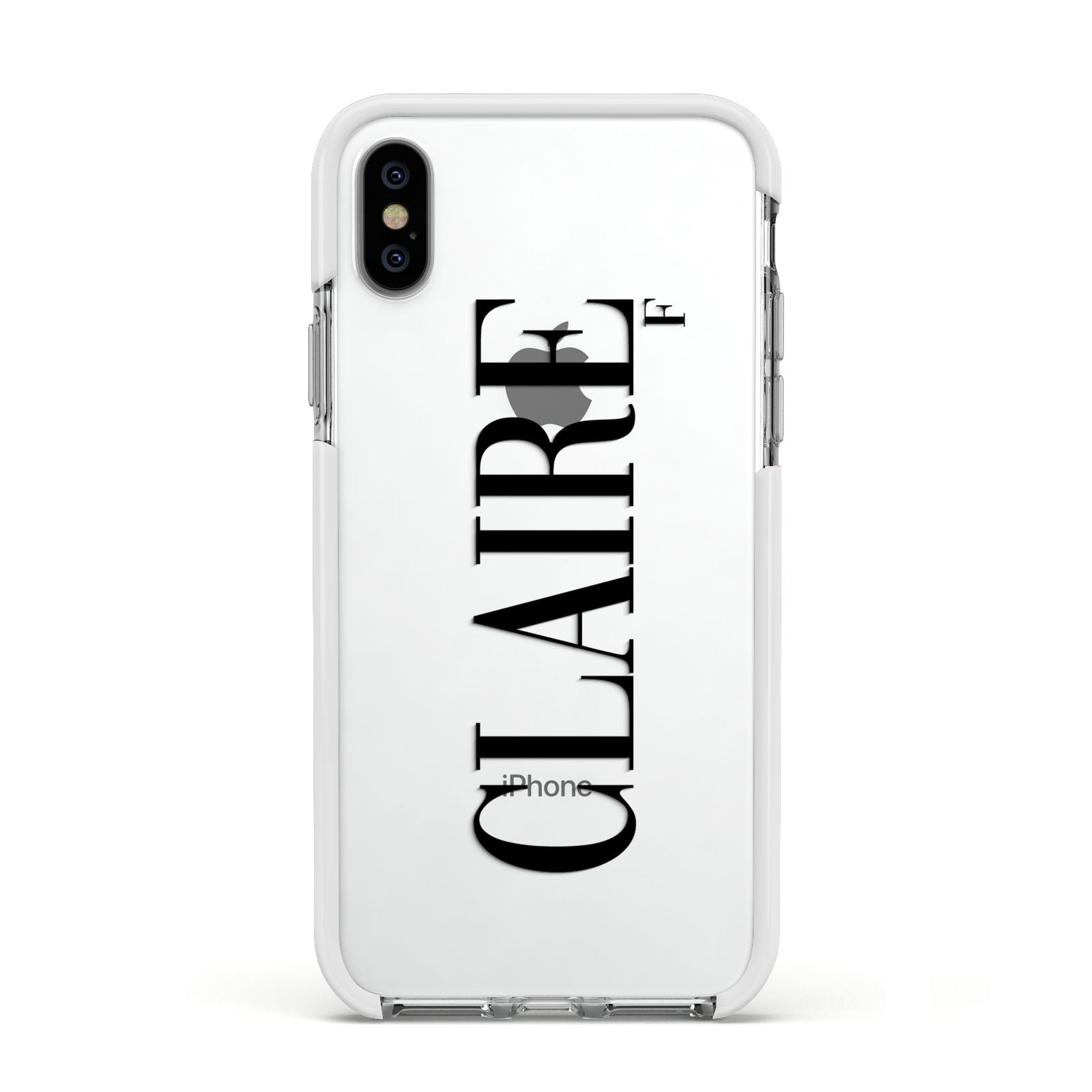 Personalised Transparent Name Apple iPhone Xs Impact Case White Edge on Silver Phone