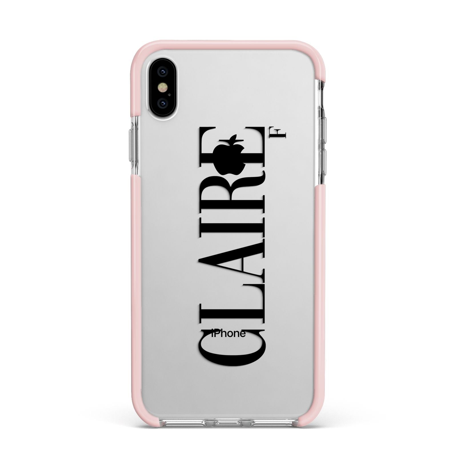 Personalised Transparent Name Apple iPhone Xs Max Impact Case Pink Edge on Silver Phone