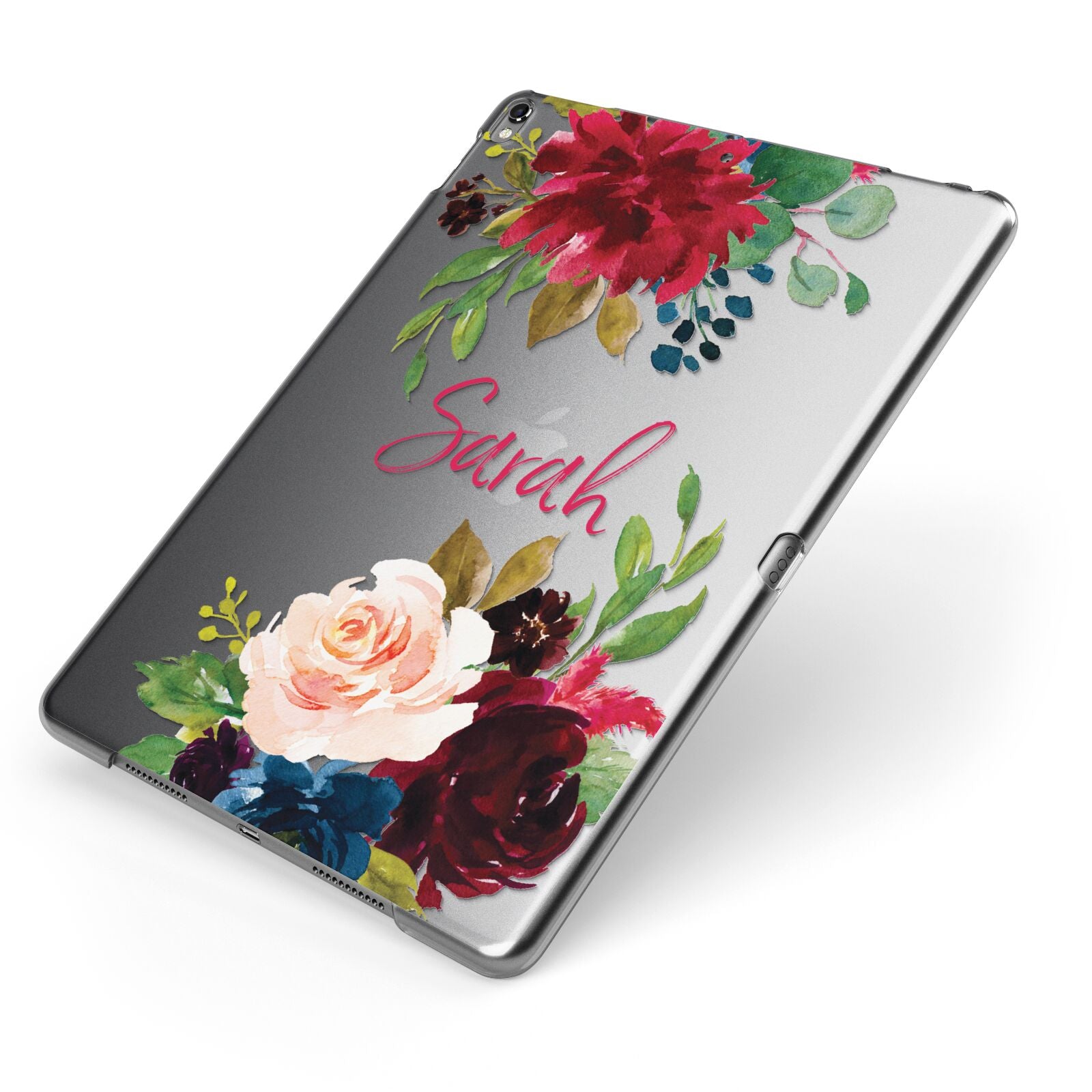 Personalised Transparent Name Roses Apple iPad Case on Grey iPad Side View
