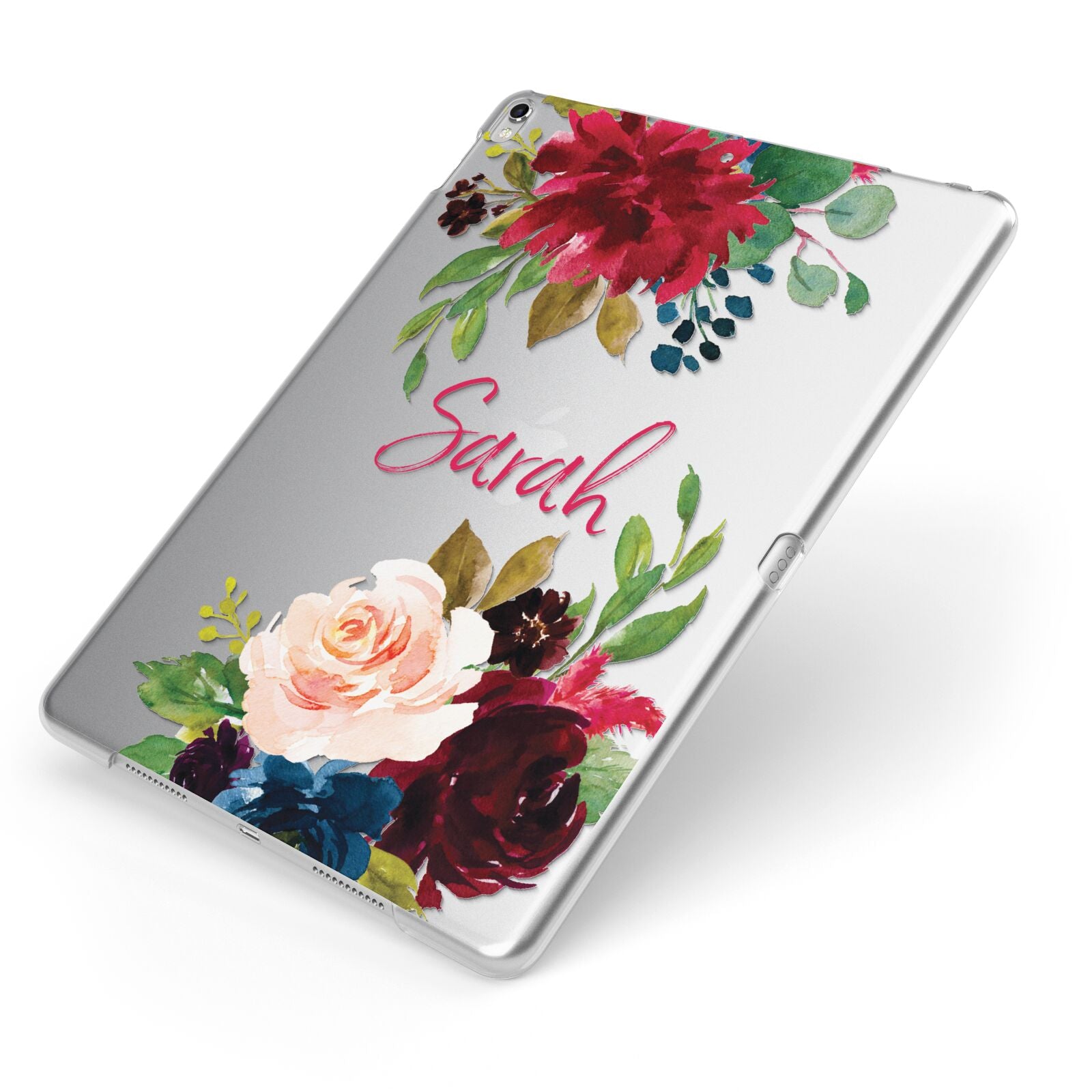Personalised Transparent Name Roses Apple iPad Case on Silver iPad Side View