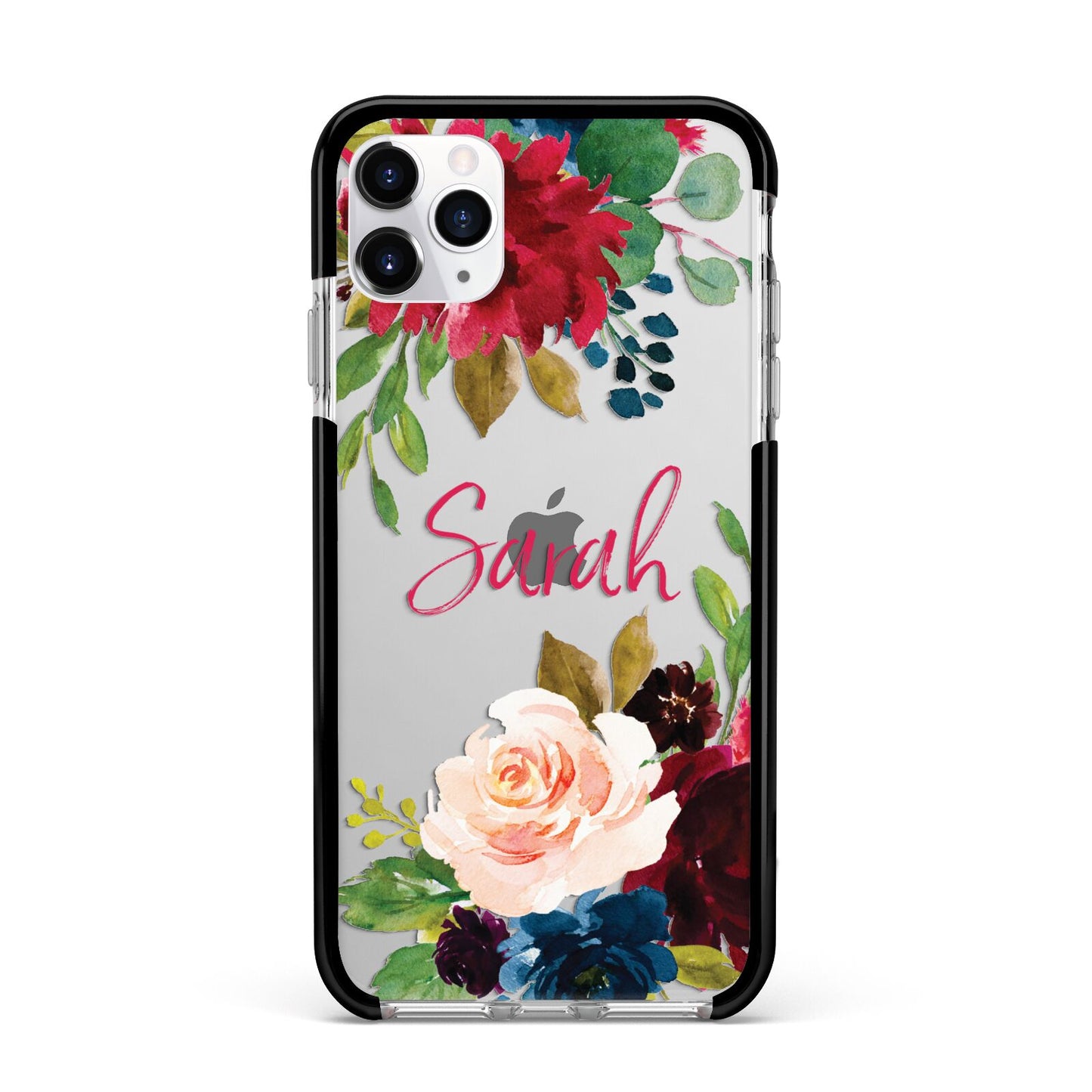 Personalised Transparent Name Roses Apple iPhone 11 Pro Max in Silver with Black Impact Case