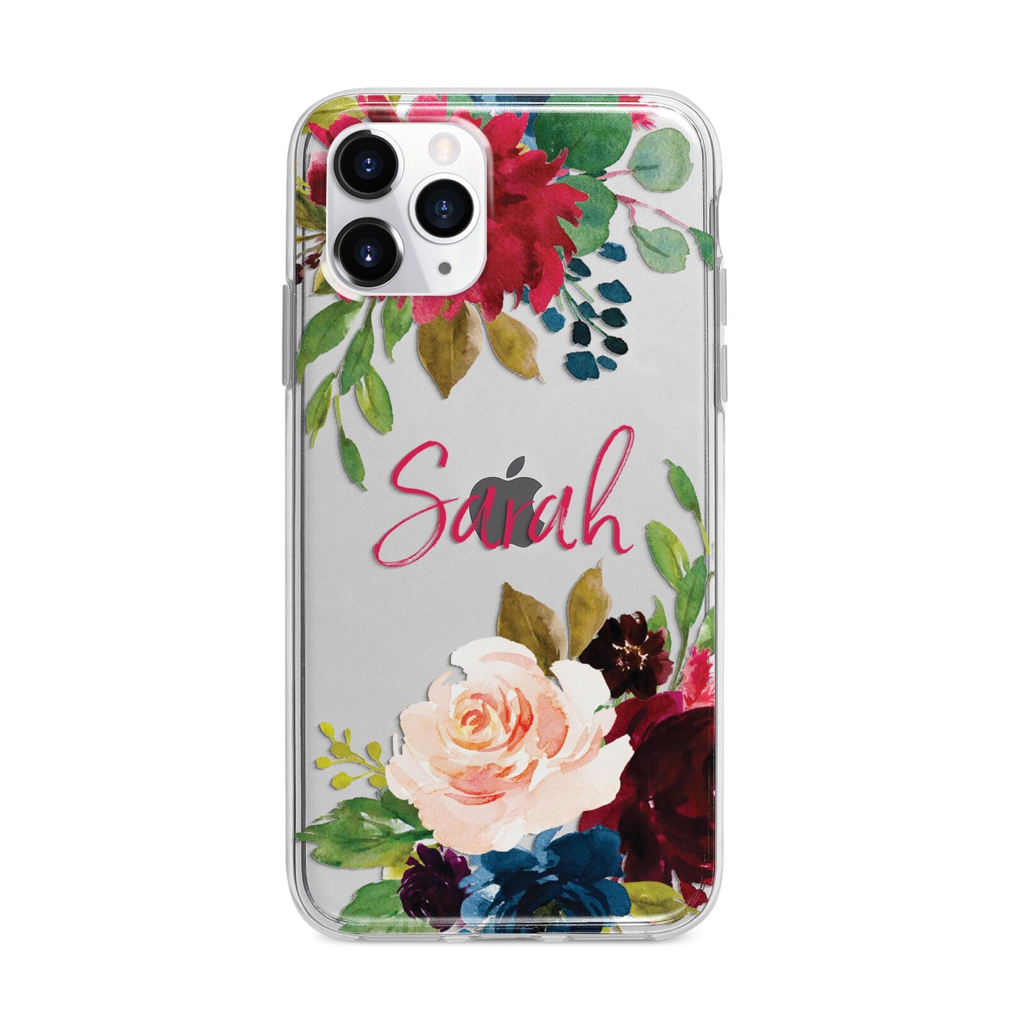 Personalised Transparent Name Roses Apple iPhone 11 Pro Max in Silver with Bumper Case