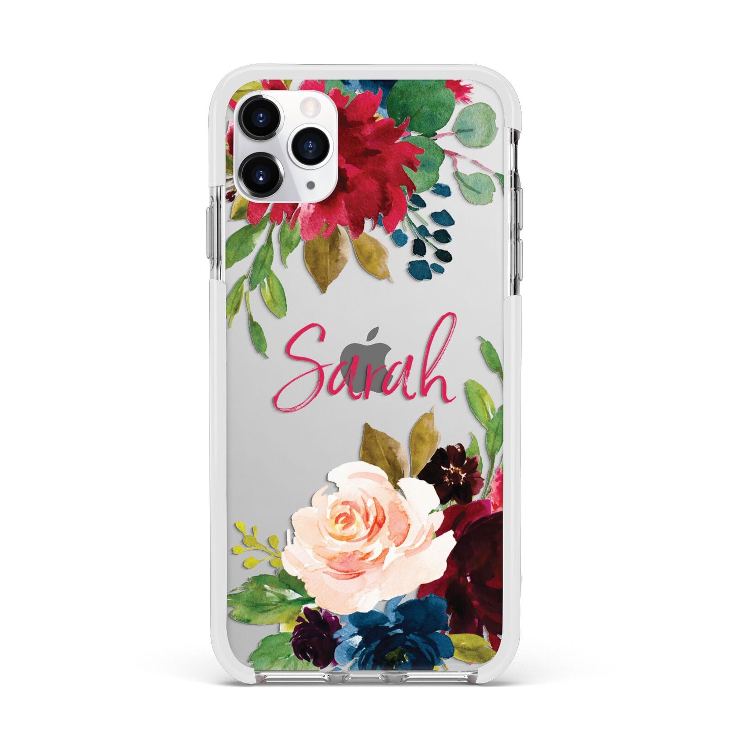 Personalised Transparent Name Roses Apple iPhone 11 Pro Max in Silver with White Impact Case
