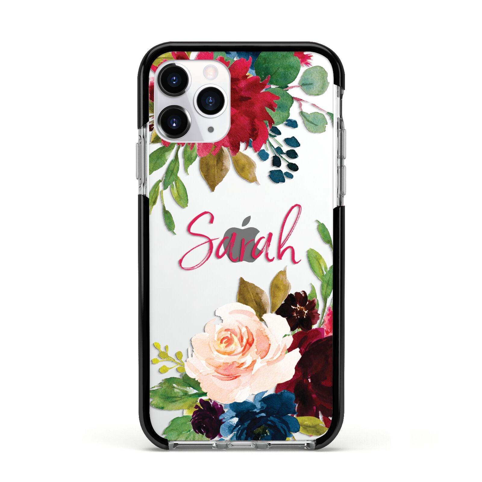 Personalised Transparent Name Roses Apple iPhone 11 Pro in Silver with Black Impact Case