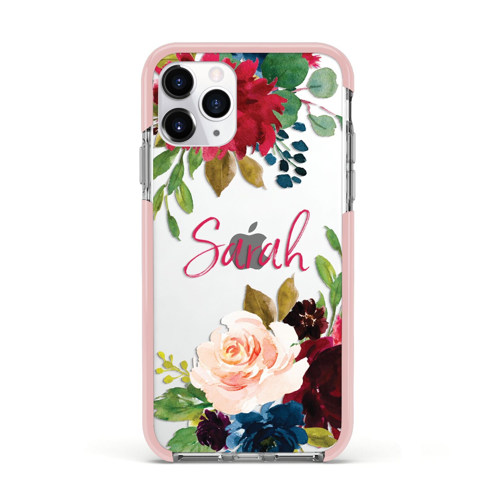 Personalised Transparent Name Roses Apple iPhone 11 Pro in Silver with Pink Impact Case