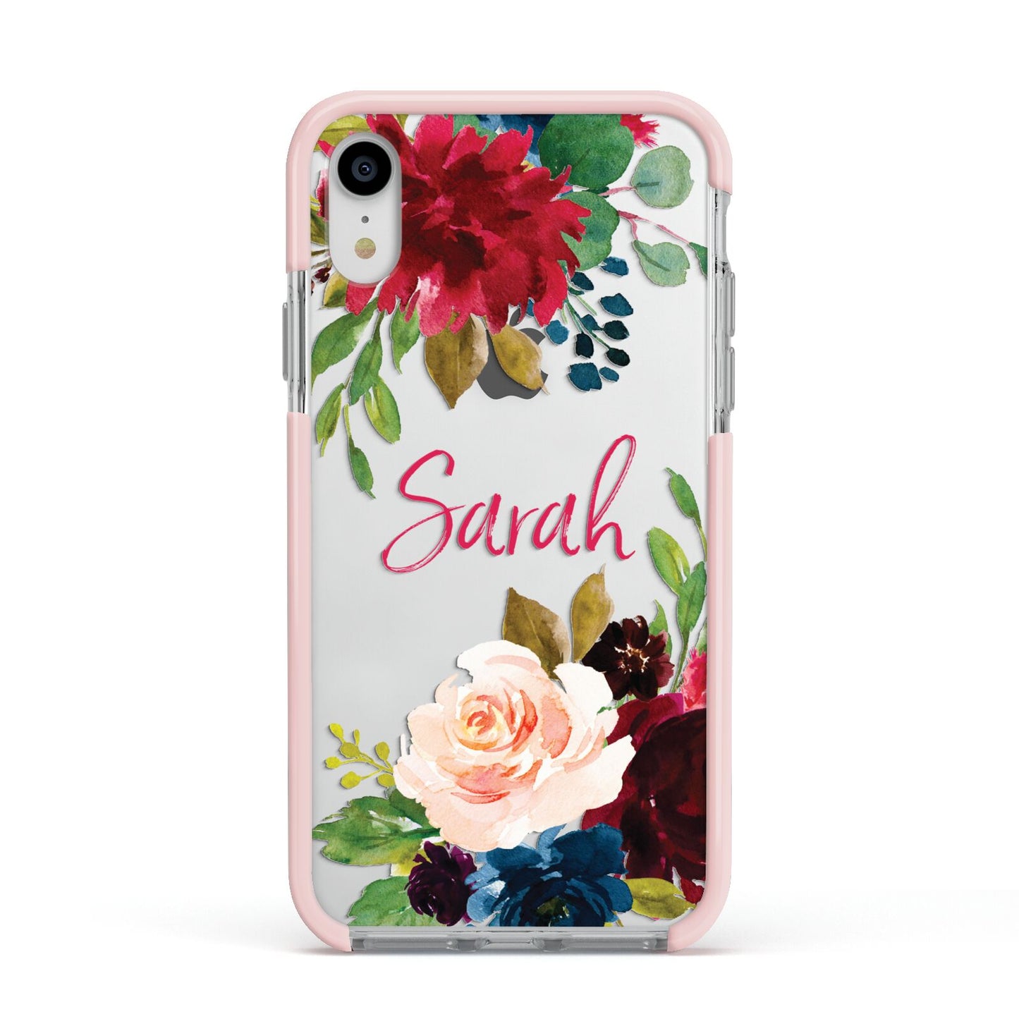 Personalised Transparent Name Roses Apple iPhone XR Impact Case Pink Edge on Silver Phone