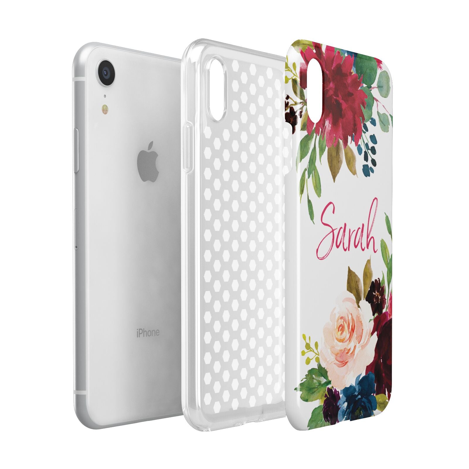 Personalised Transparent Name Roses Apple iPhone XR White 3D Tough Case Expanded view