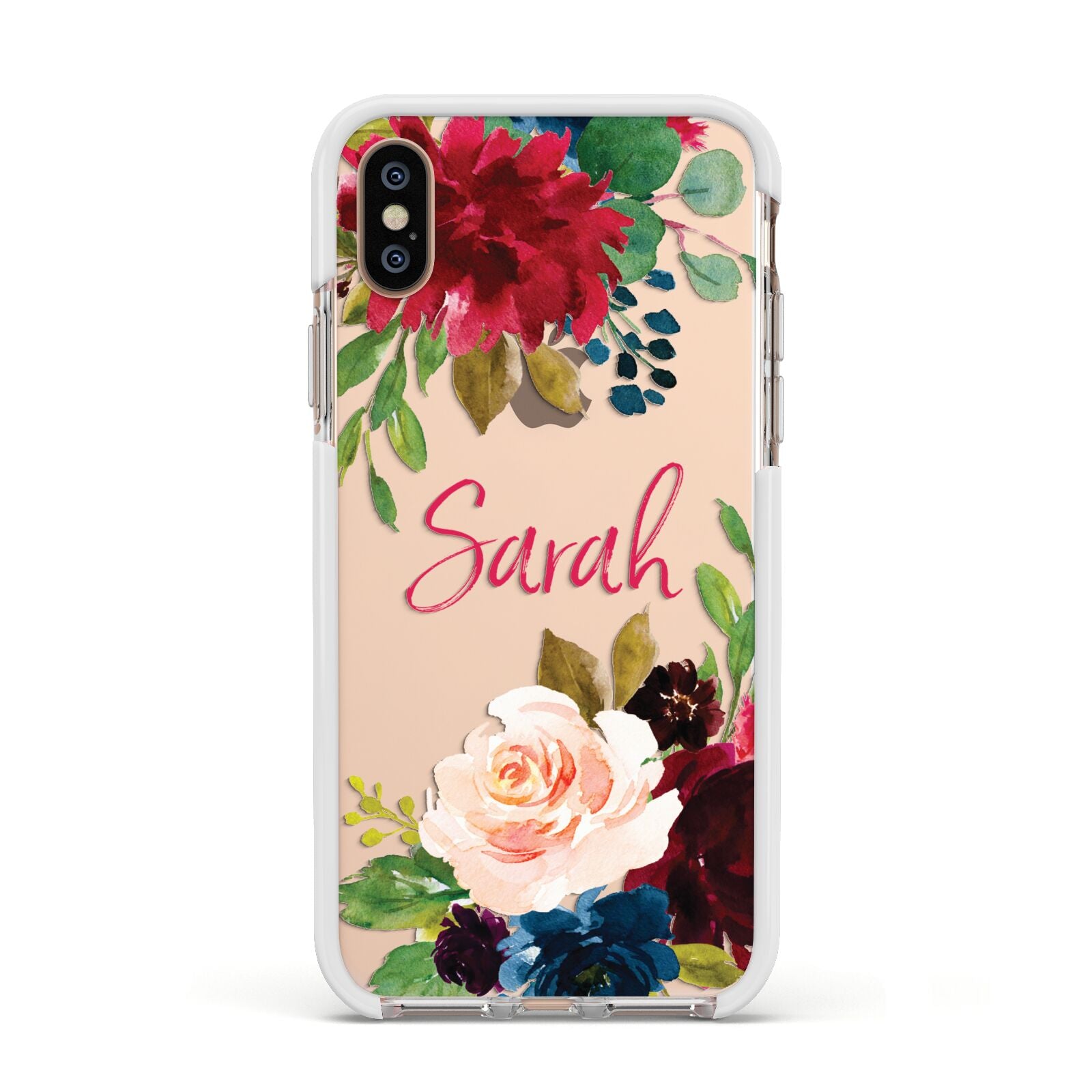 Personalised Transparent Name Roses Apple iPhone Xs Impact Case White Edge on Gold Phone