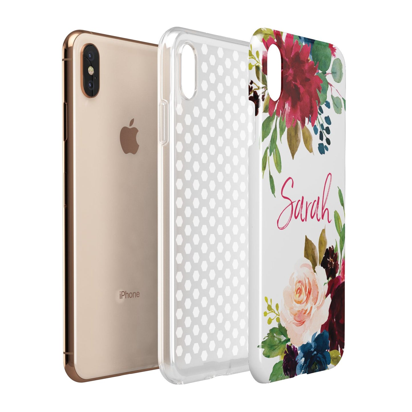 Personalised Transparent Name Roses Apple iPhone Xs Max 3D Tough Case Expanded View