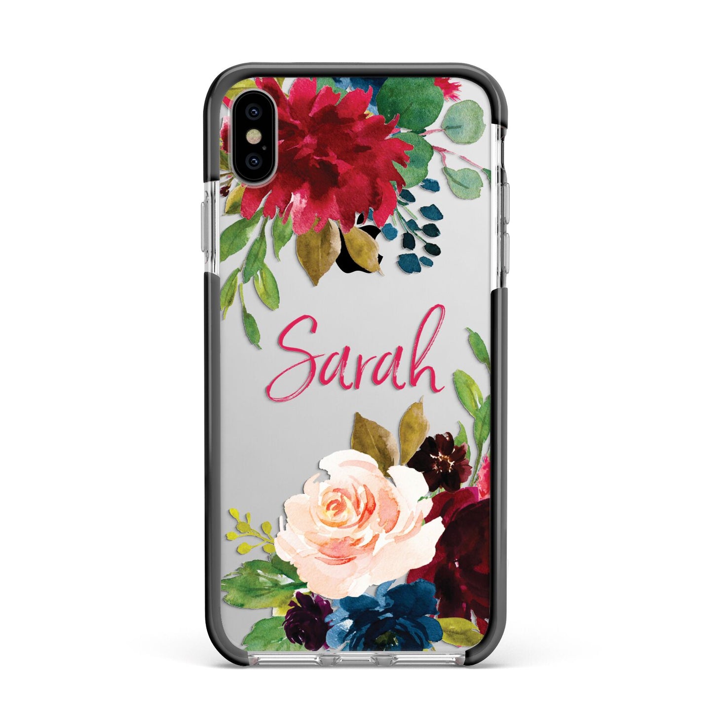Personalised Transparent Name Roses Apple iPhone Xs Max Impact Case Black Edge on Silver Phone