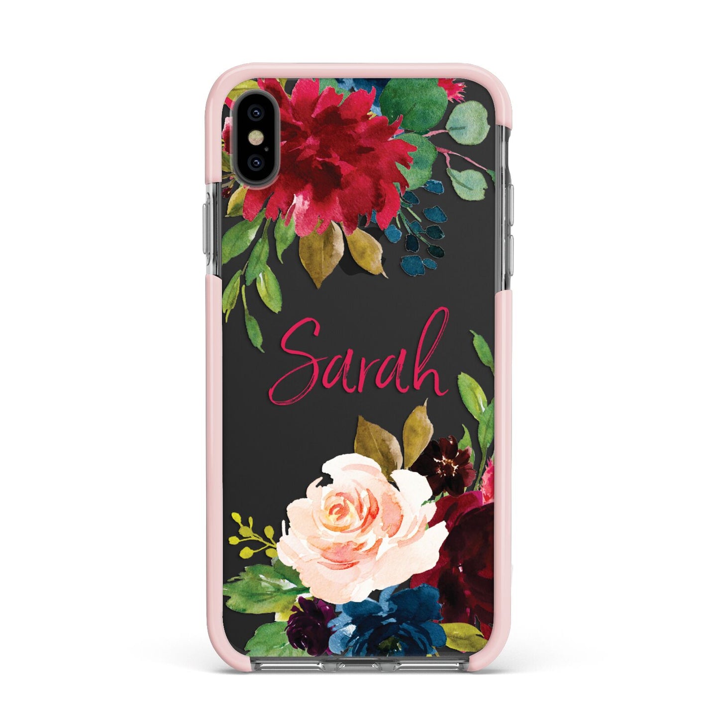 Personalised Transparent Name Roses Apple iPhone Xs Max Impact Case Pink Edge on Black Phone