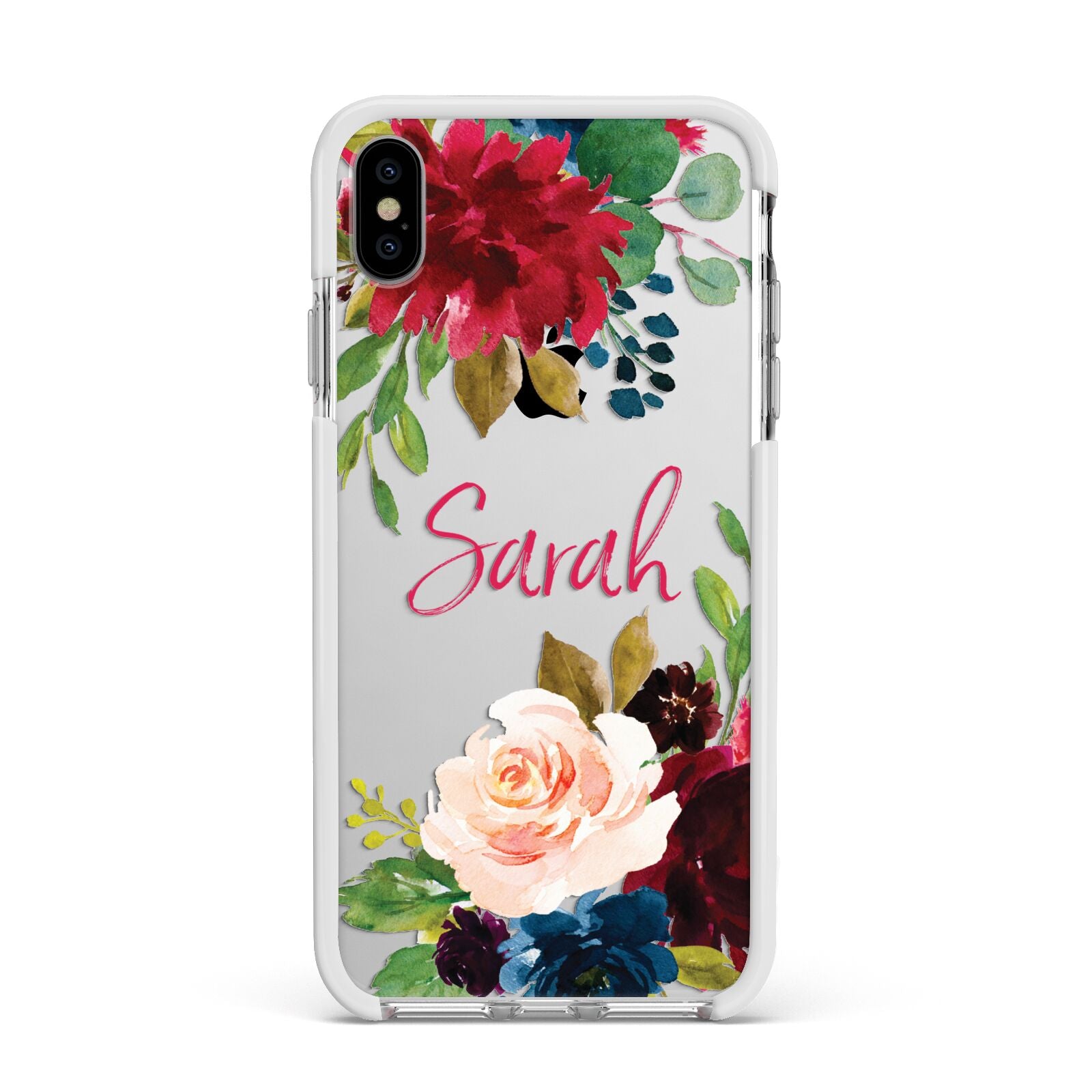 Personalised Transparent Name Roses Apple iPhone Xs Max Impact Case White Edge on Silver Phone
