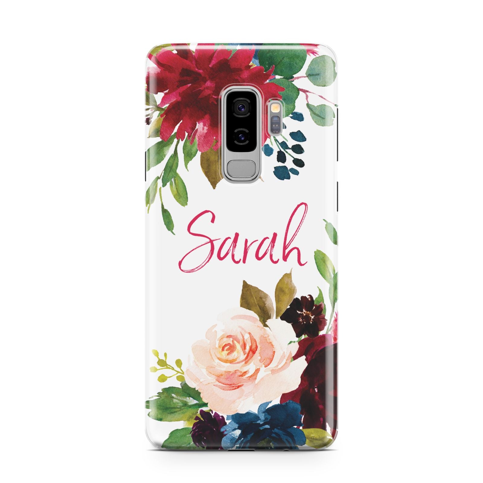 Personalised Transparent Name Roses Samsung Galaxy S9 Plus Case on Silver phone