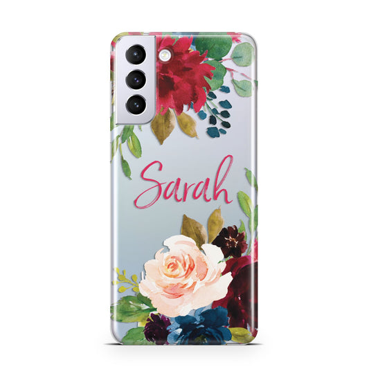 Personalised Transparent Name Roses Samsung S21 Plus Phone Case