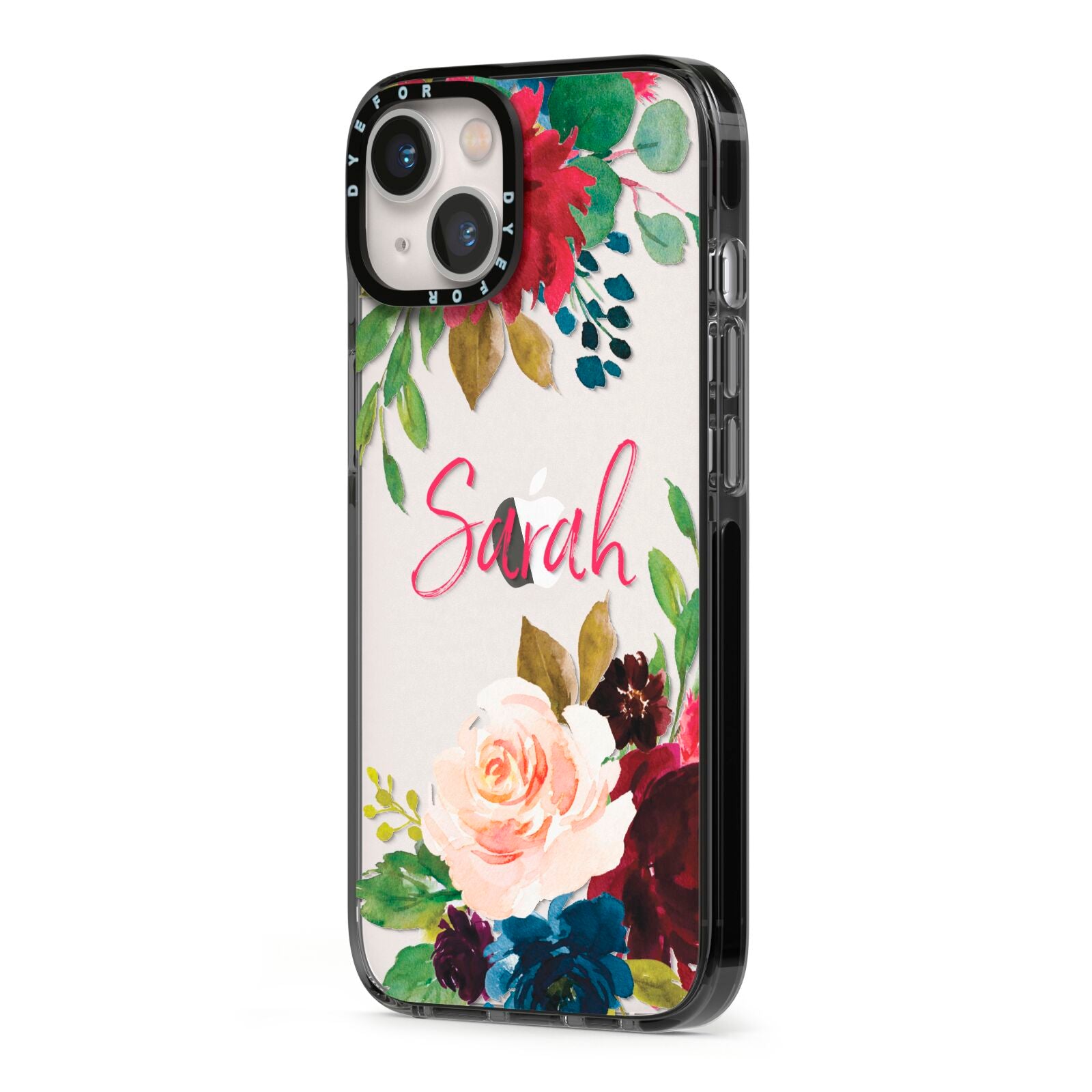 Personalised Transparent Name Roses iPhone 13 Black Impact Case Side Angle on Silver phone