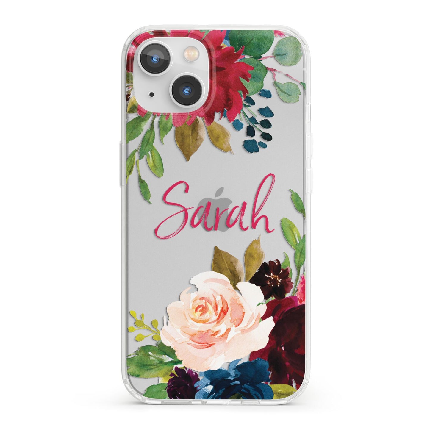 Personalised Transparent Name Roses iPhone 13 Clear Bumper Case