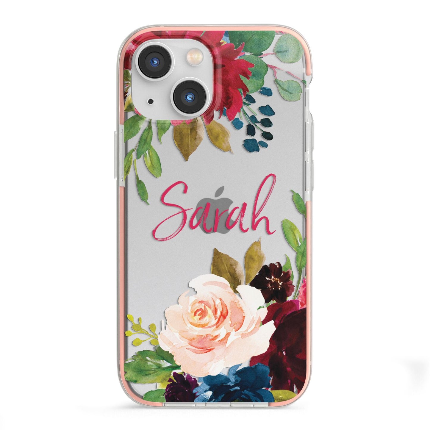 Personalised Transparent Name Roses iPhone 13 Mini TPU Impact Case with Pink Edges