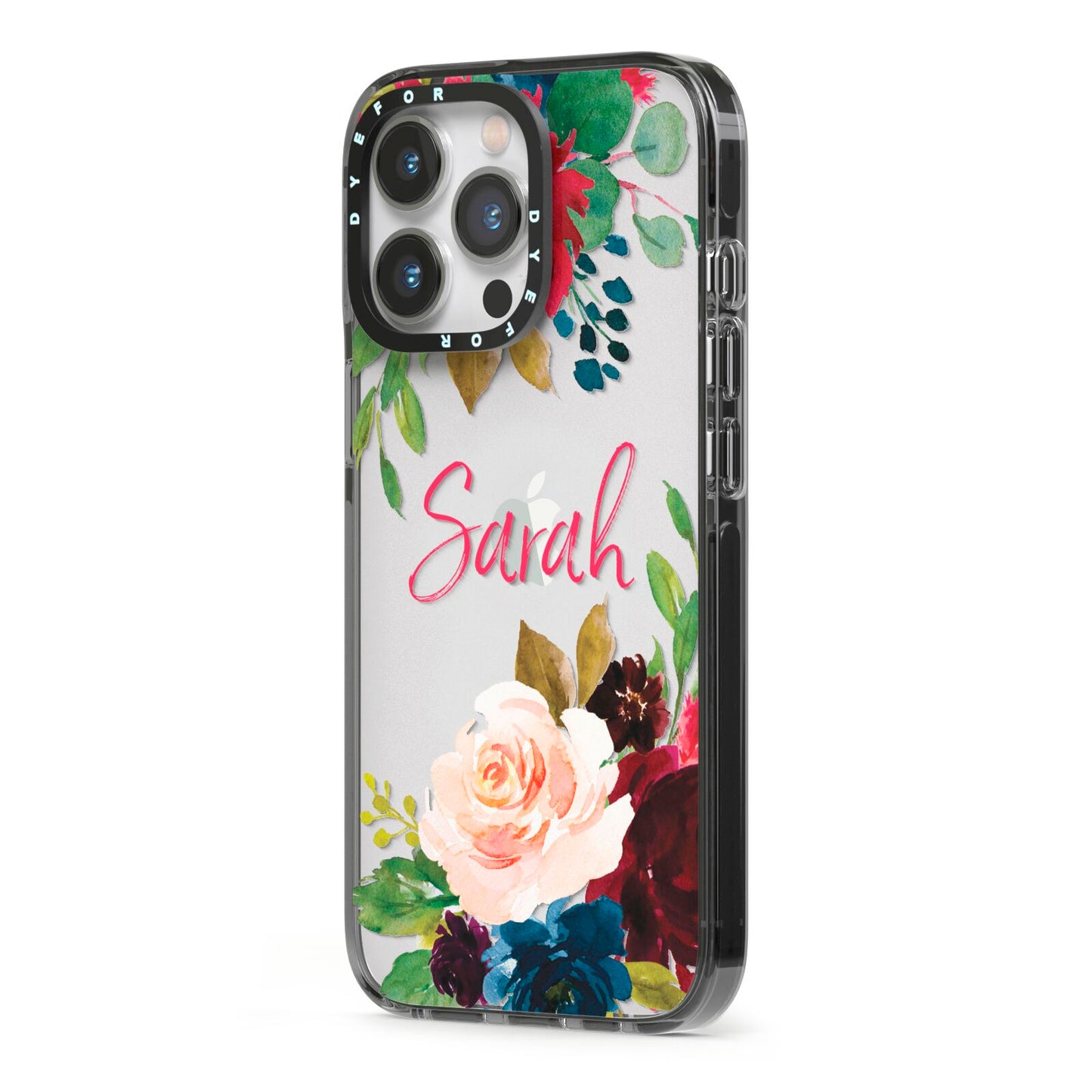 Personalised Transparent Name Roses iPhone 13 Pro Black Impact Case Side Angle on Silver phone
