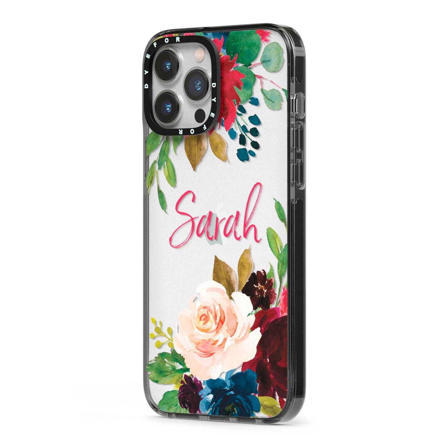 Personalised Transparent Name Roses iPhone 13 Pro Max Black Impact Case Side Angle on Silver phone