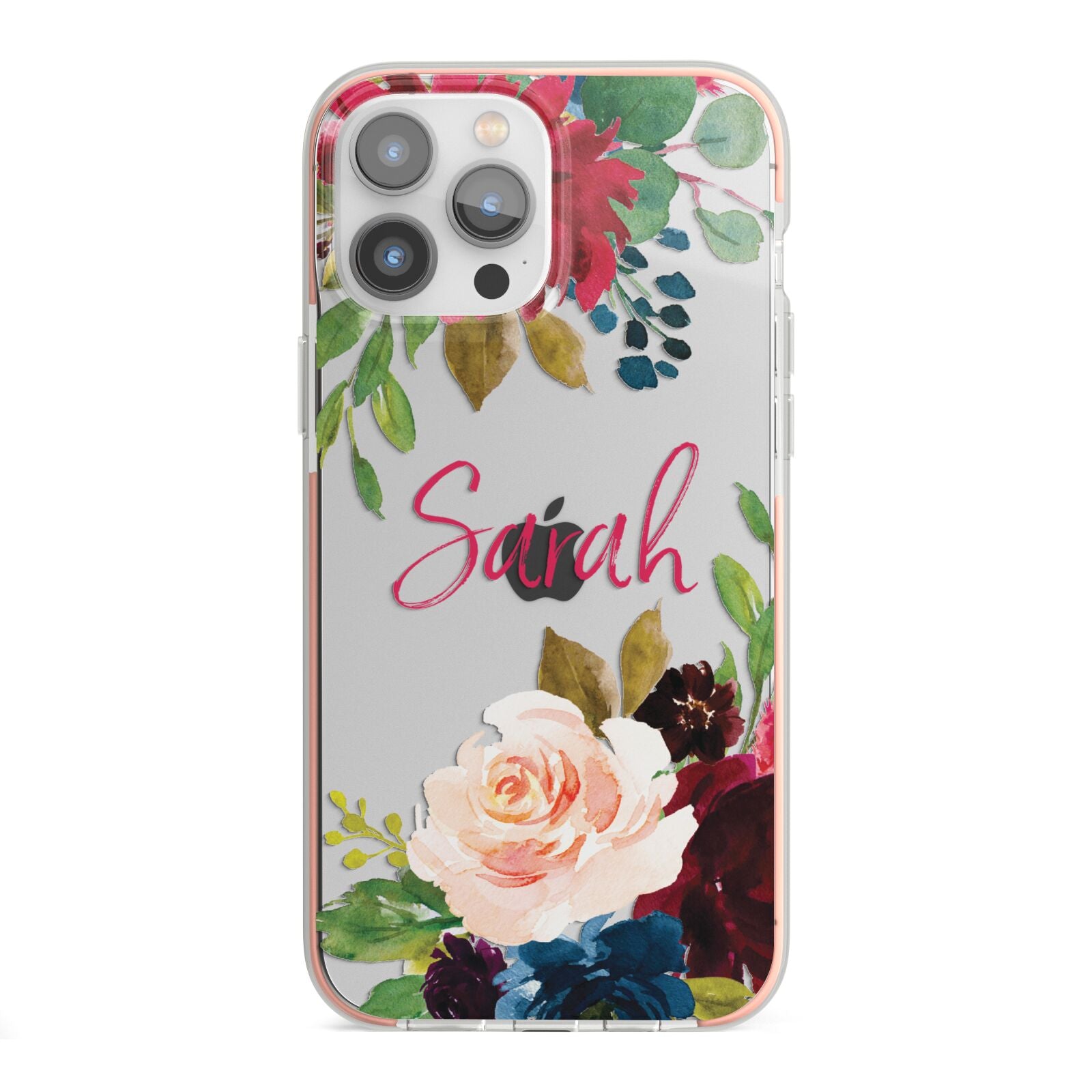 Personalised Transparent Name Roses iPhone 13 Pro Max TPU Impact Case with Pink Edges