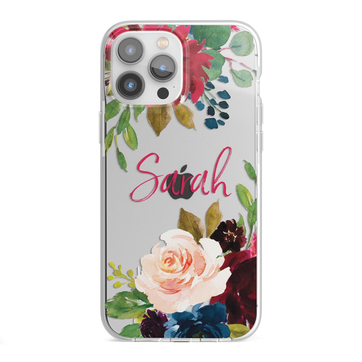 Personalised Transparent Name Roses iPhone 13 Pro Max TPU Impact Case with White Edges