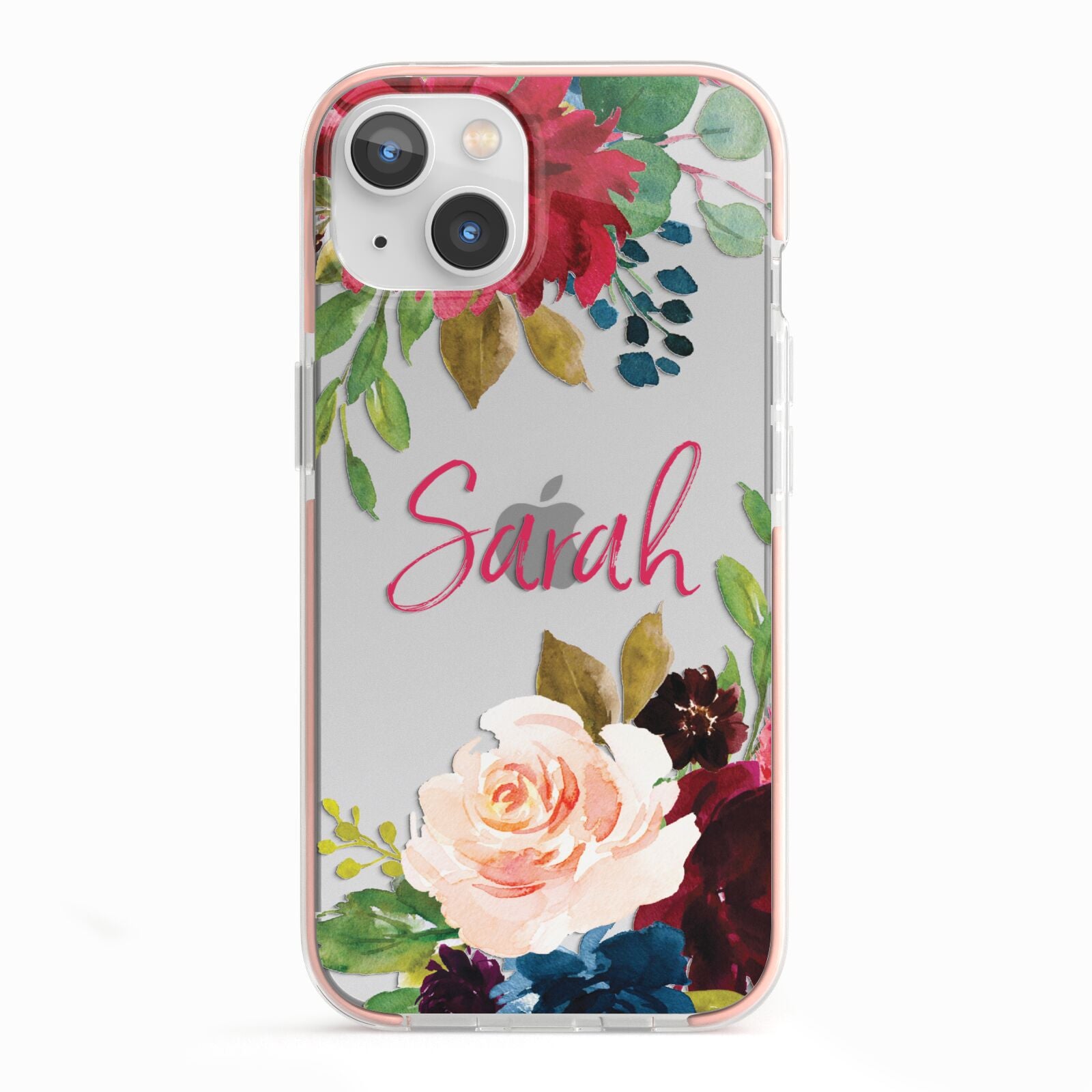Personalised Transparent Name Roses iPhone 13 TPU Impact Case with Pink Edges