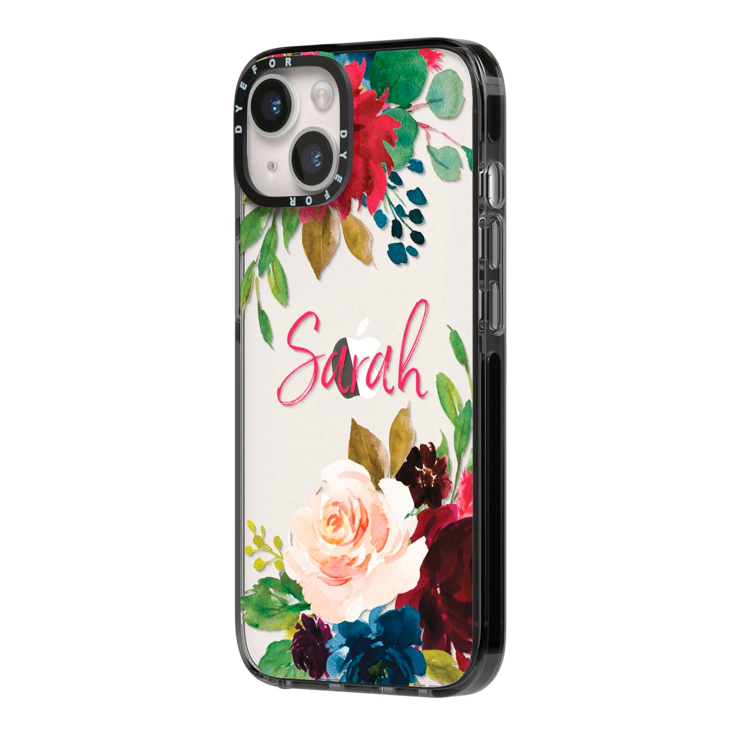 Personalised Transparent Name Roses iPhone 14 Black Impact Case Side Angle on Silver phone