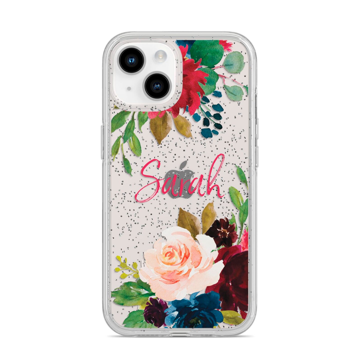 Personalised Transparent Name Roses iPhone 14 Glitter Tough Case Starlight