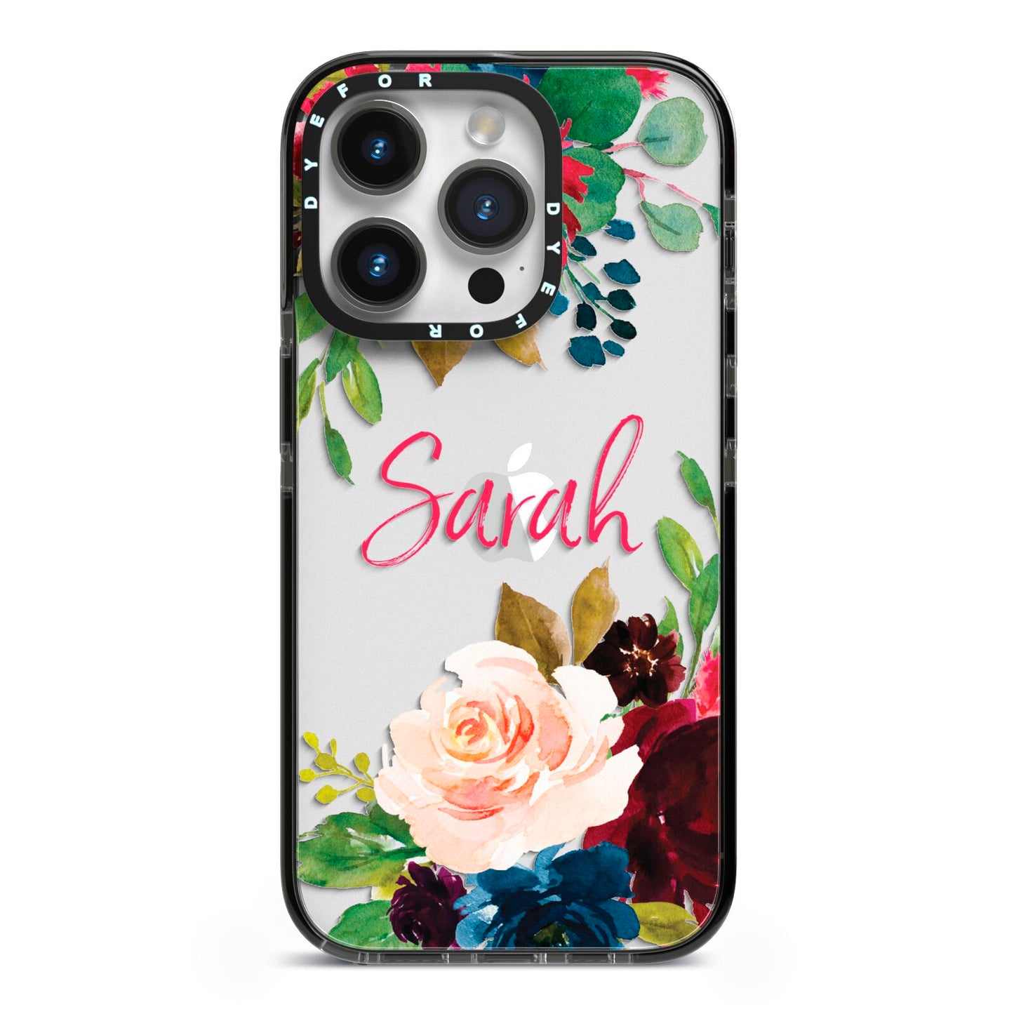 Personalised Transparent Name Roses iPhone 14 Pro Black Impact Case on Silver phone