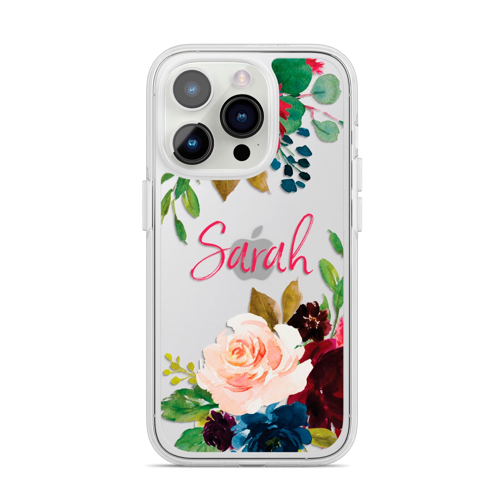 Personalised Transparent Name Roses iPhone 14 Pro Clear Tough Case Silver