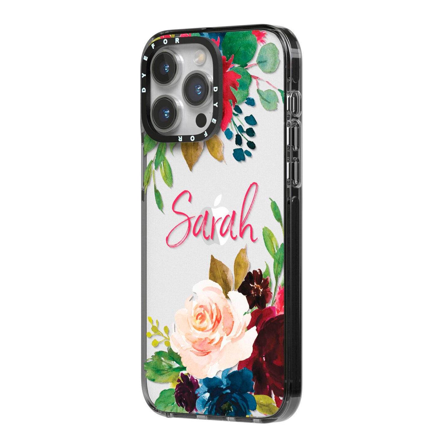Personalised Transparent Name Roses iPhone 14 Pro Max Black Impact Case Side Angle on Silver phone