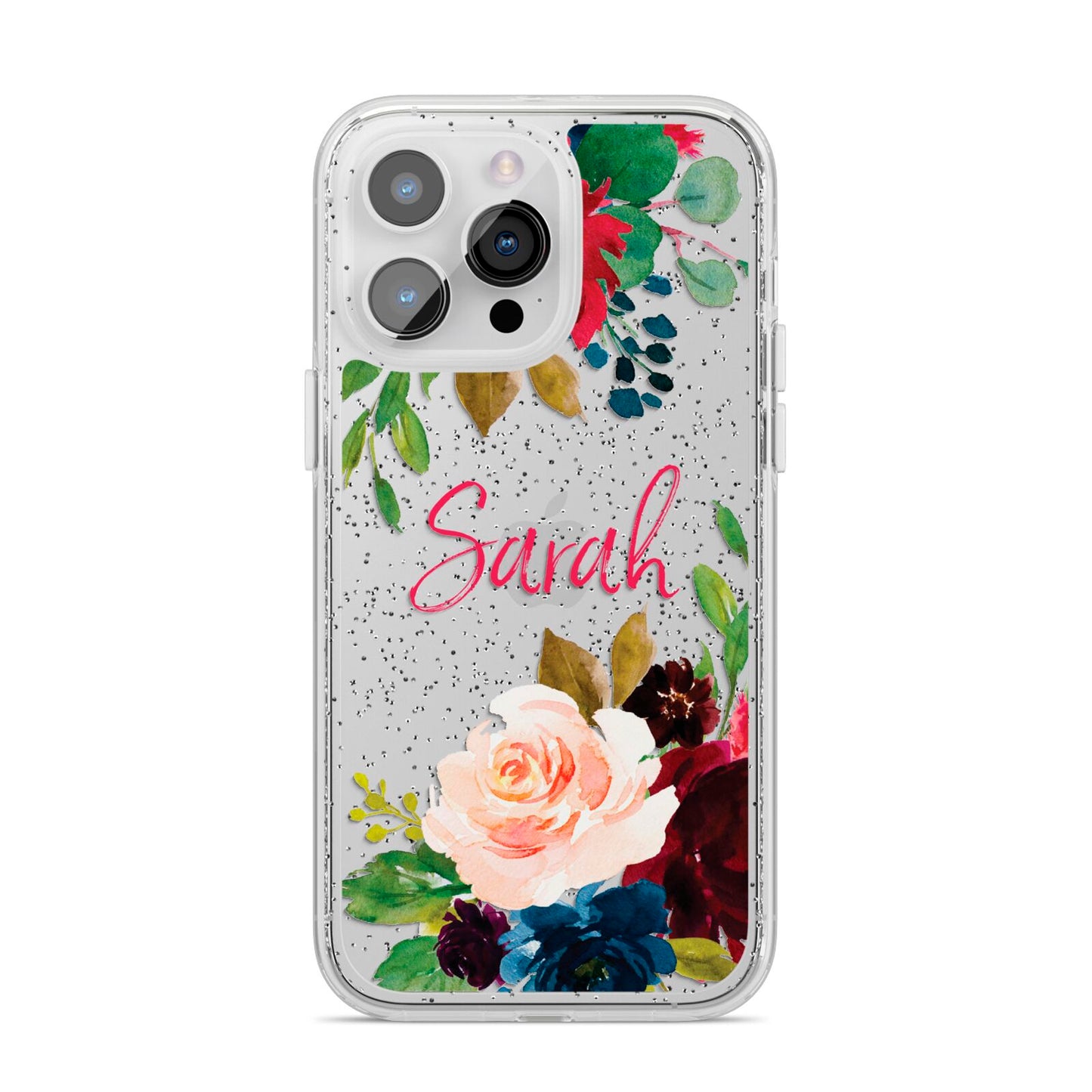 Personalised Transparent Name Roses iPhone 14 Pro Max Glitter Tough Case Silver