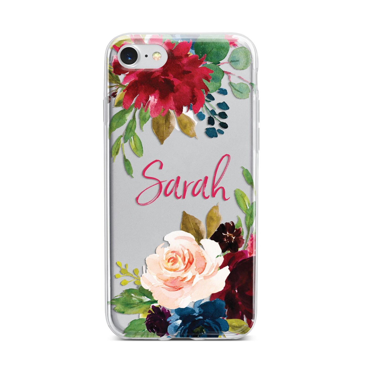 Personalised Transparent Name Roses iPhone 7 Bumper Case on Silver iPhone