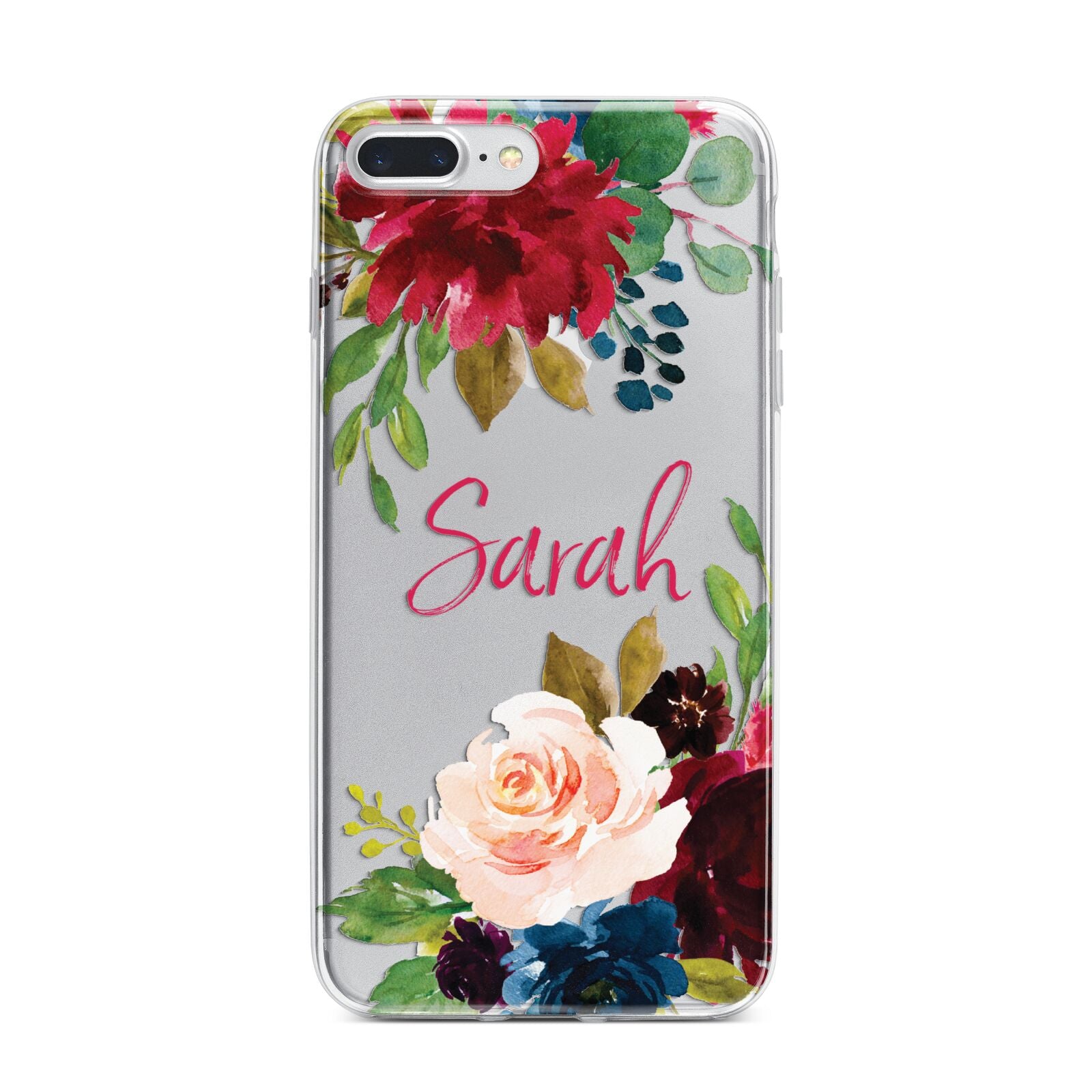 Personalised Transparent Name Roses iPhone 7 Plus Bumper Case on Silver iPhone