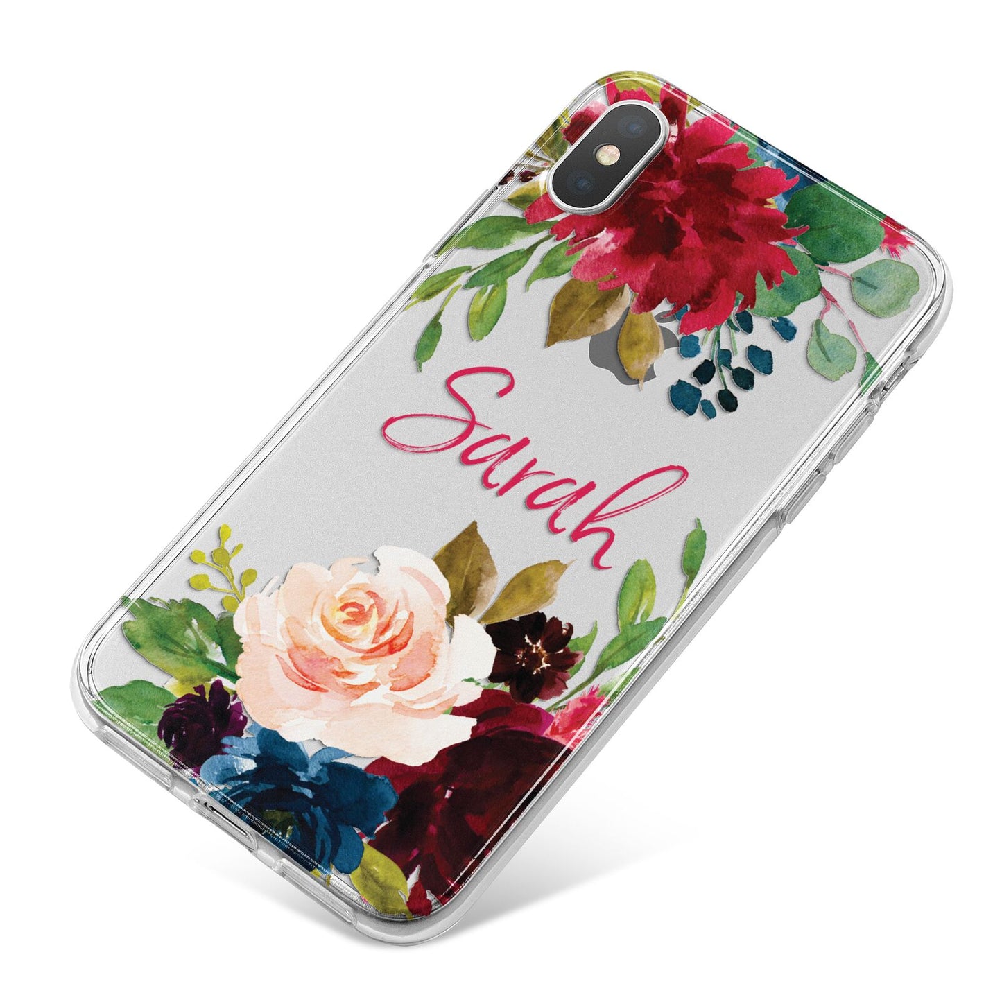 Personalised Transparent Name Roses iPhone X Bumper Case on Silver iPhone