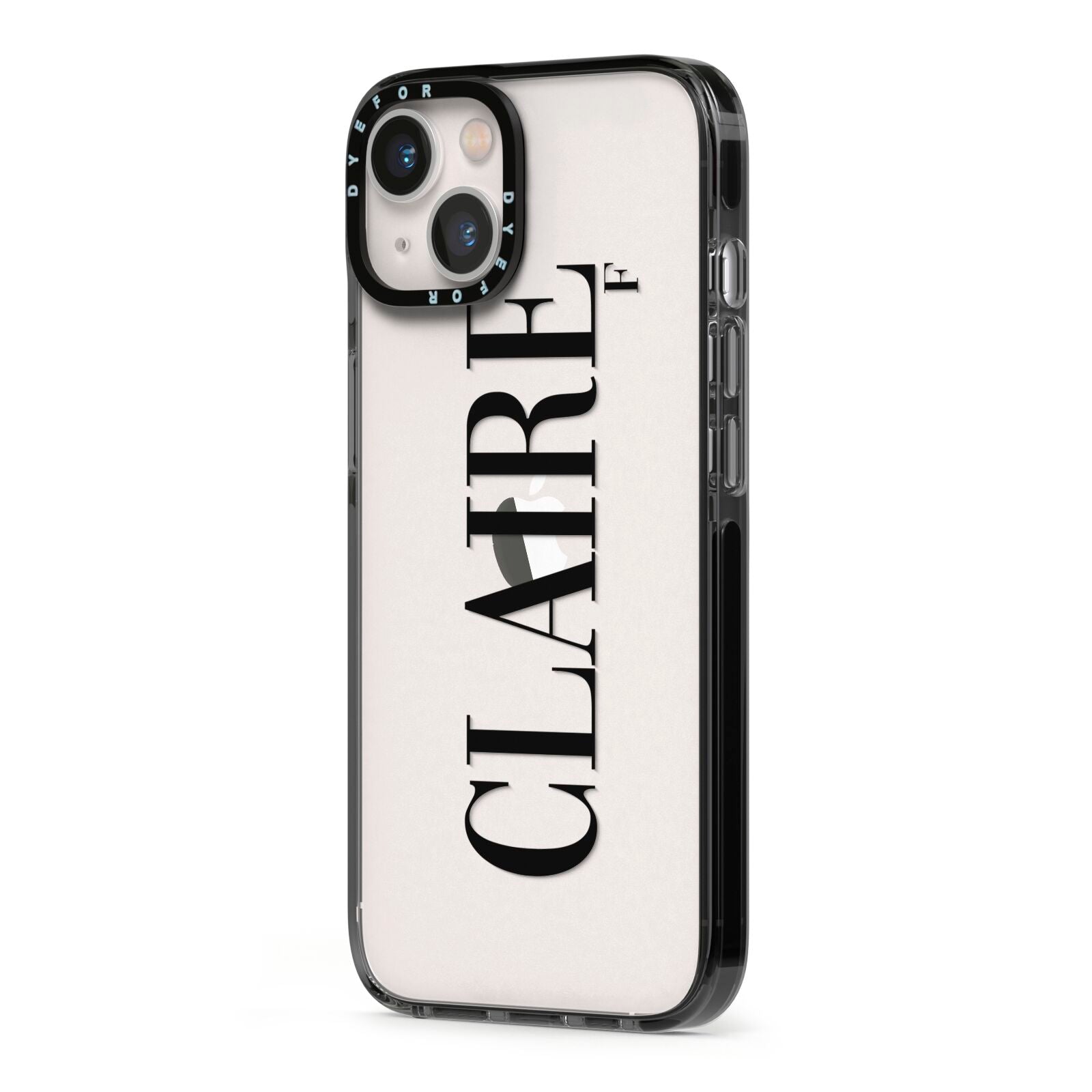 Personalised Transparent Name iPhone 13 Black Impact Case Side Angle on Silver phone