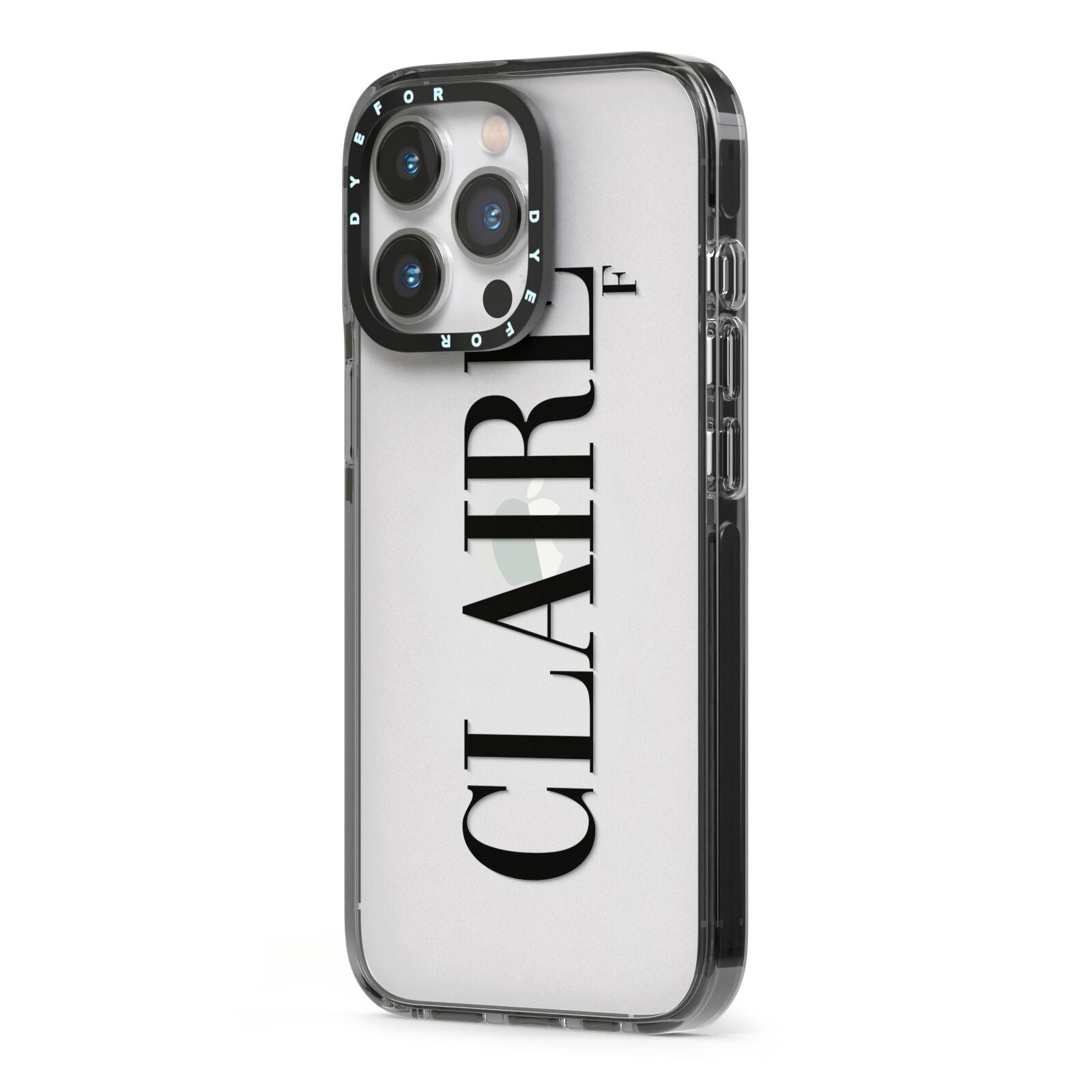 Personalised Transparent Name iPhone 13 Pro Black Impact Case Side Angle on Silver phone