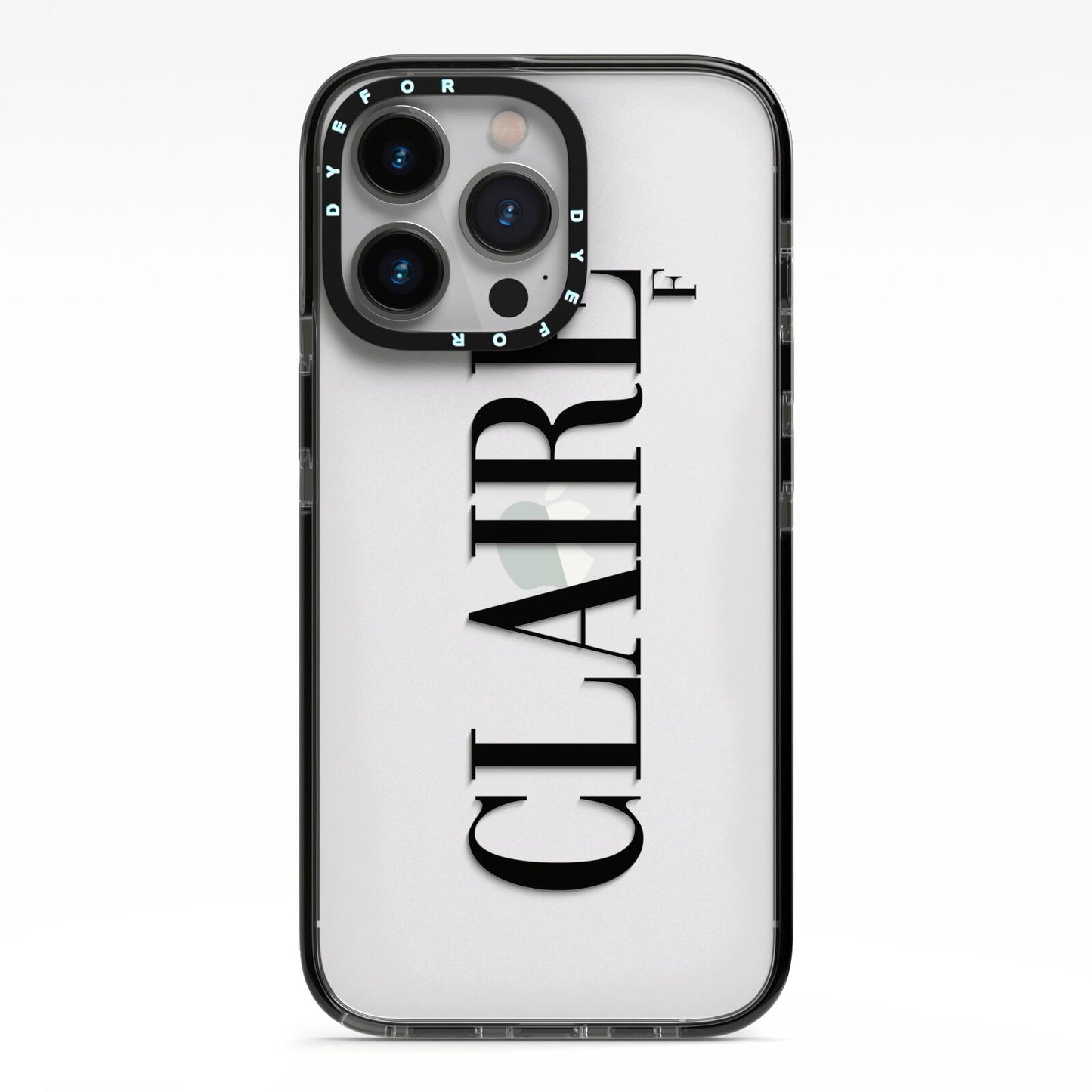 Personalised Transparent Name iPhone 13 Pro Black Impact Case on Silver phone